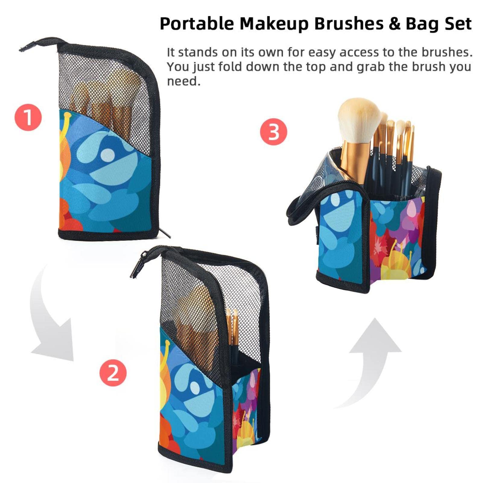 Floral Makeup Brush Organizer Bag with 12 Brush Slots - Portable Travel Cosmetic Brush Holder Case for Professional Makeup Artists & Home Vanity Storage
