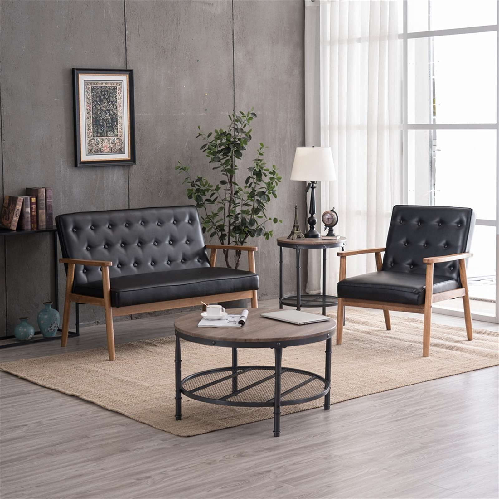 Mid-Century Modern Black PU Accent Armchair - Upholstered Wood Frame Lounge Chair for Living Room, Bedroom & Office - Stylish Comfortable Seating for Home Decor