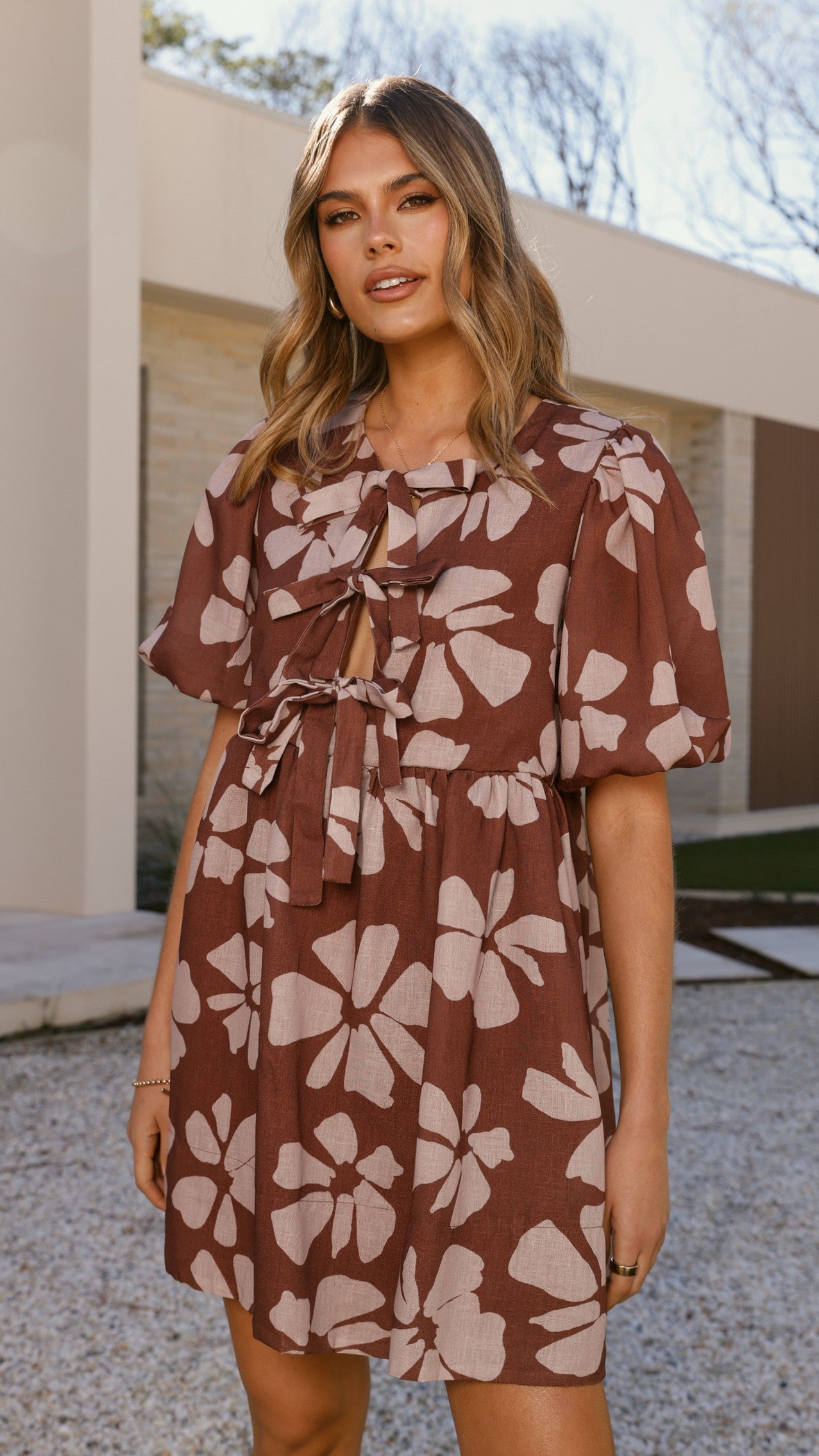 Arana Mini Dress in Brown Daylillies - Floral Summer Dress for Women, Casual & Party Wear, Perfect for Beach, Vacation, and Date Nights
