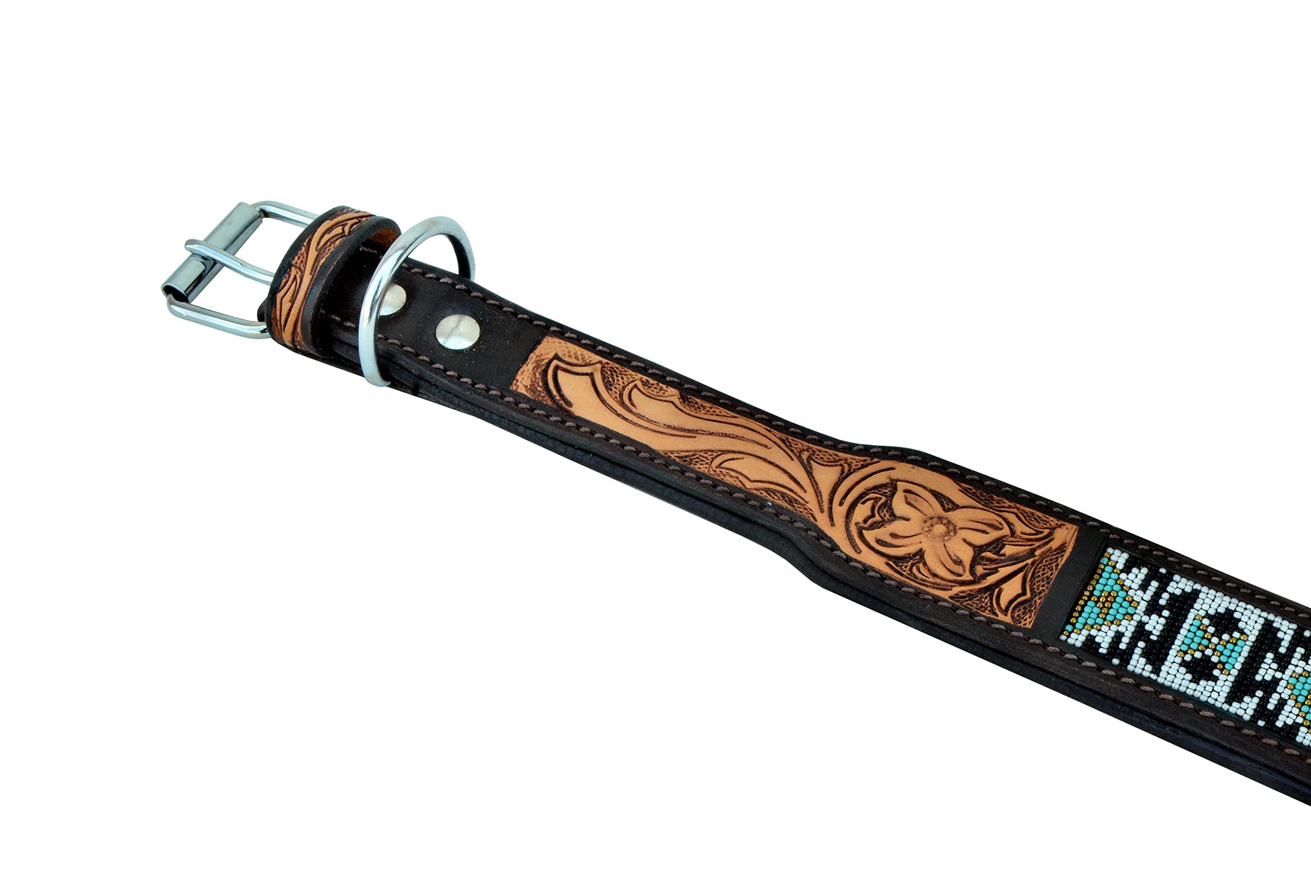 Western Style Leather Dog Collar - Heavy Duty Hand Tooled Adjustable Beaded & Padded Soft Collar for Puppies & Large Dogs | Perfect for Training, Walks & Outdoor Adventures (10AB006)