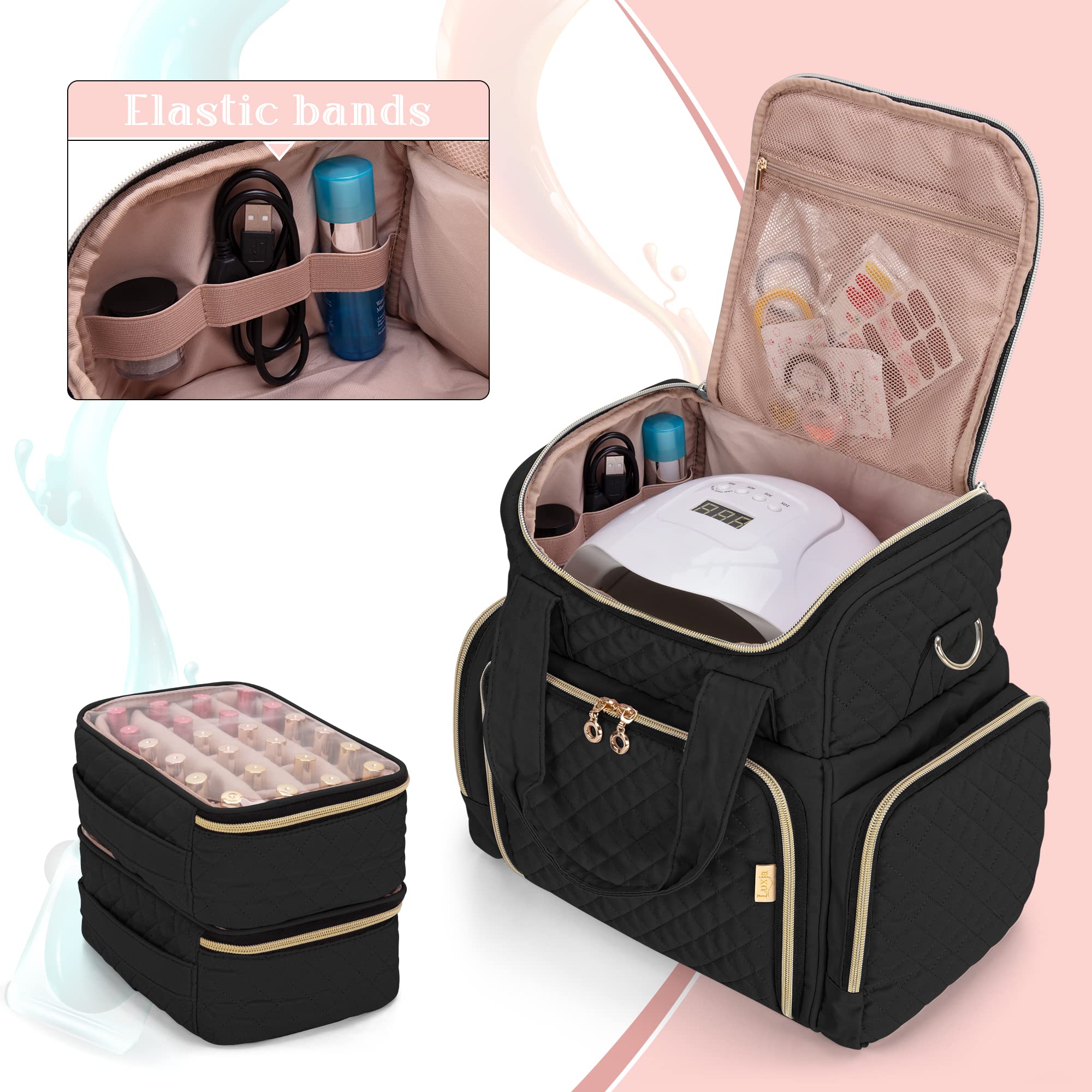 LUXJA 48 Bottle Nail Polish Organizer with Nail Lamp - Portable Nail Art Storage Case with 2 Removable Bags & Tool Pockets (Black) - Perfect for Salon Professionals & At-Home Manicures
