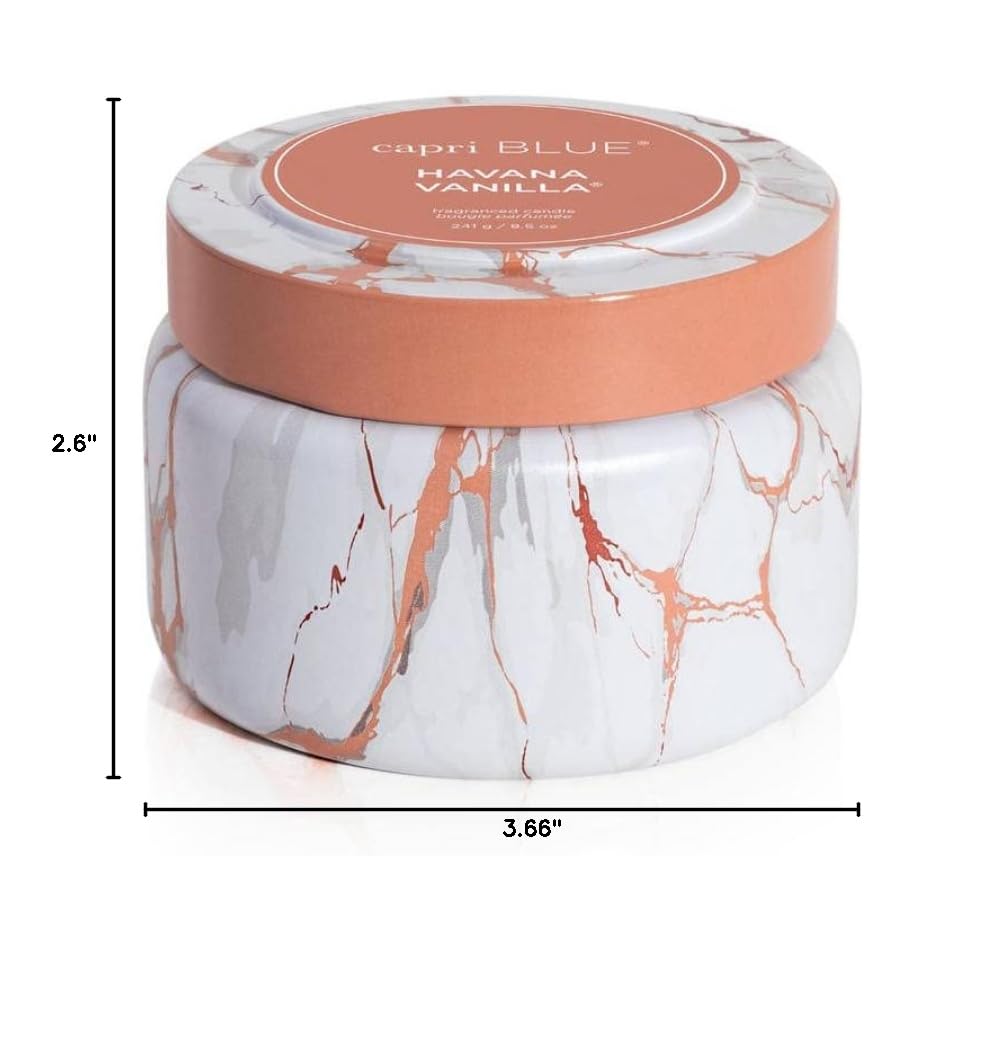 Capri Blue Modern Marble Printed Travel Tin Jar Candles - Luxury Home Decor Scented Soy Wax Candles - Long Lasting Havana Vanilla Fragrance (8.5 oz) - Perfect for Relaxation, Gifts & Home Aromatherapy