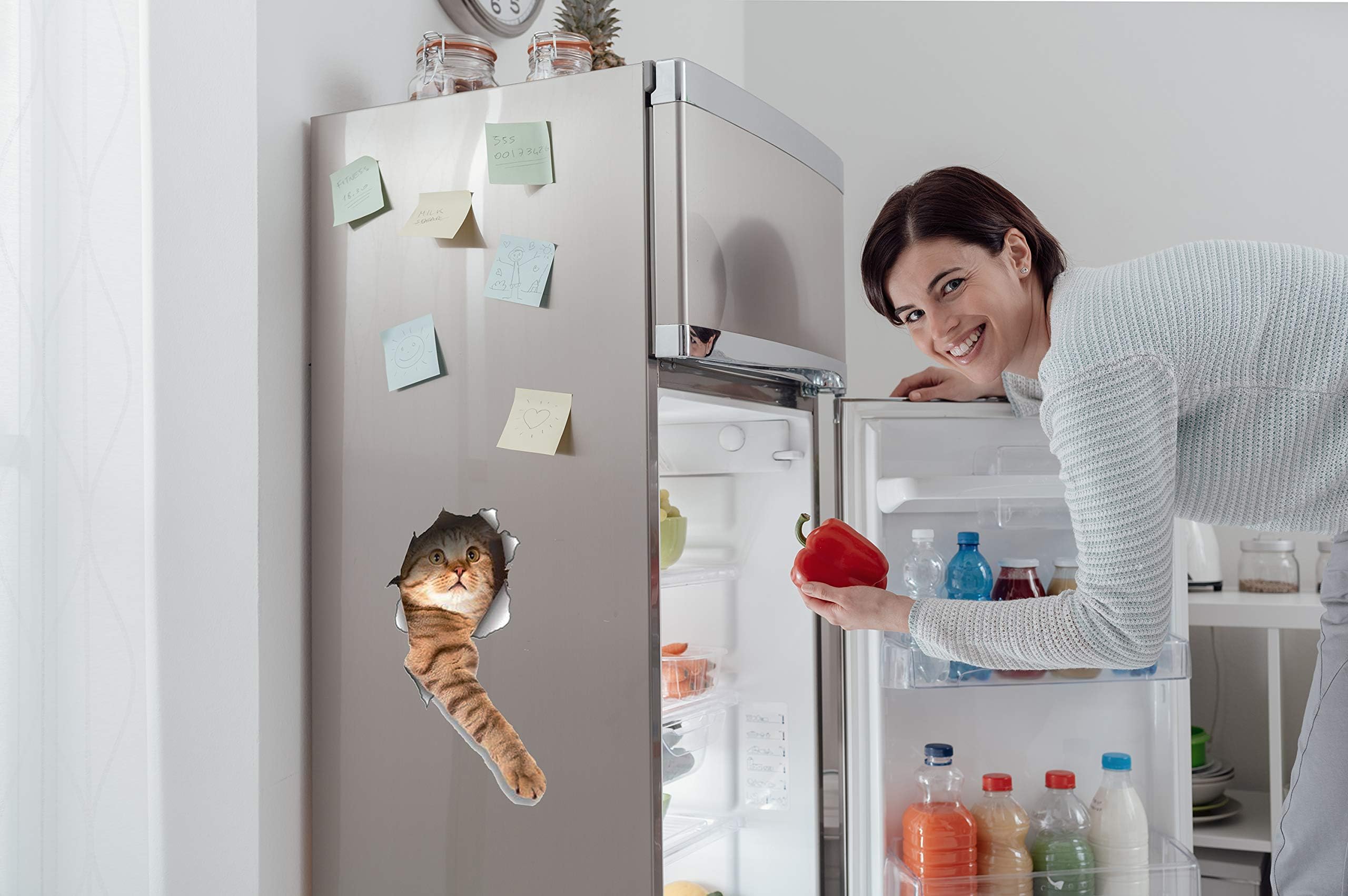 2 Pack 3D Cat Stickers - Funny Reaching Cat Wall Decals for Home Decor, Fridge, Toilet, Windows - Peel & Stick Vinyl Art for Bedroom, Office, Dorm Room