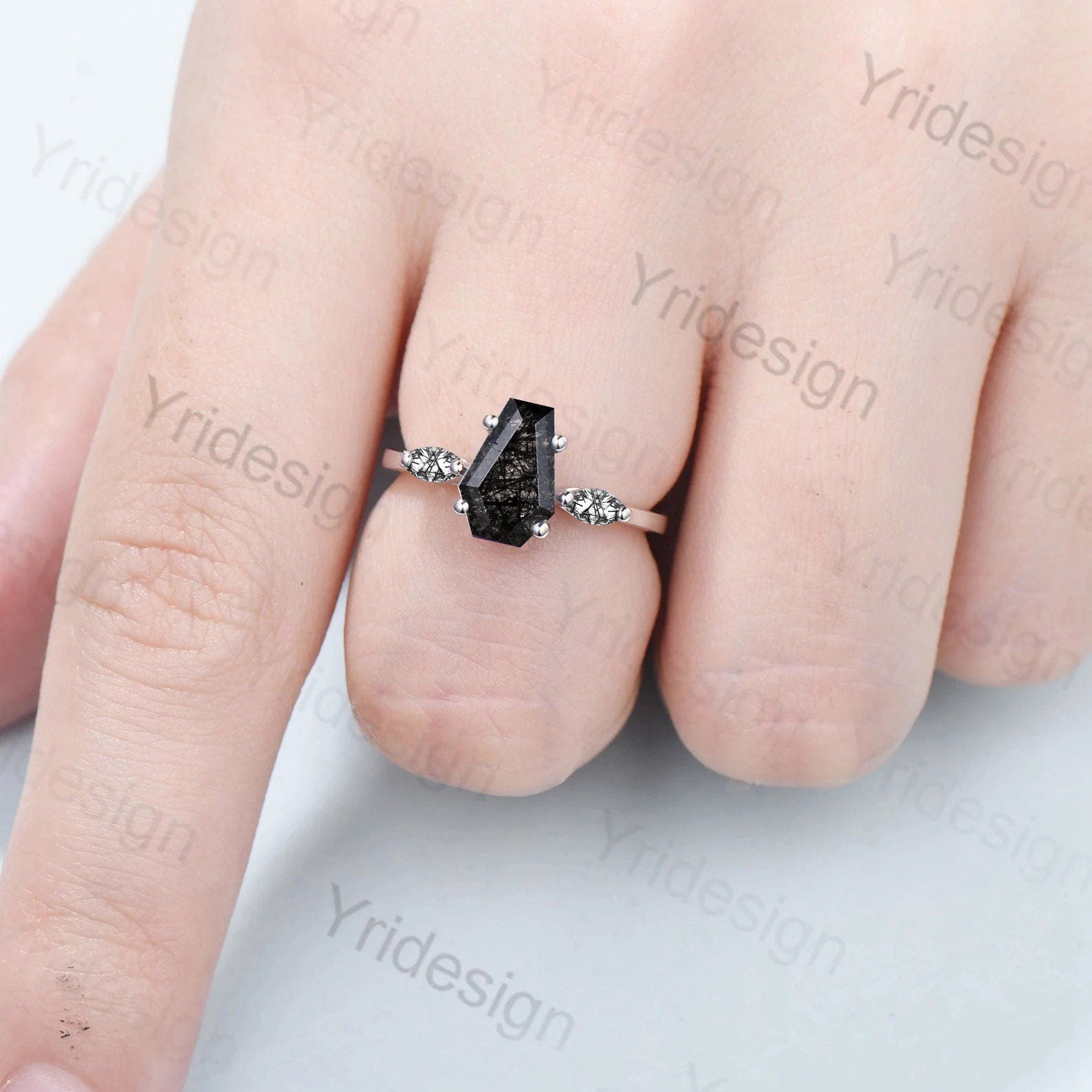 Minimalist Coffin Shaped Black Rutilated Quartz Ring with Dainty Marquise Black Tourmaline - Elegant Three Stone Wedding Band, Unique Proposal Gift for Women | Perfect for Engagement, Anniversary & Alternative Jewelry Lovers