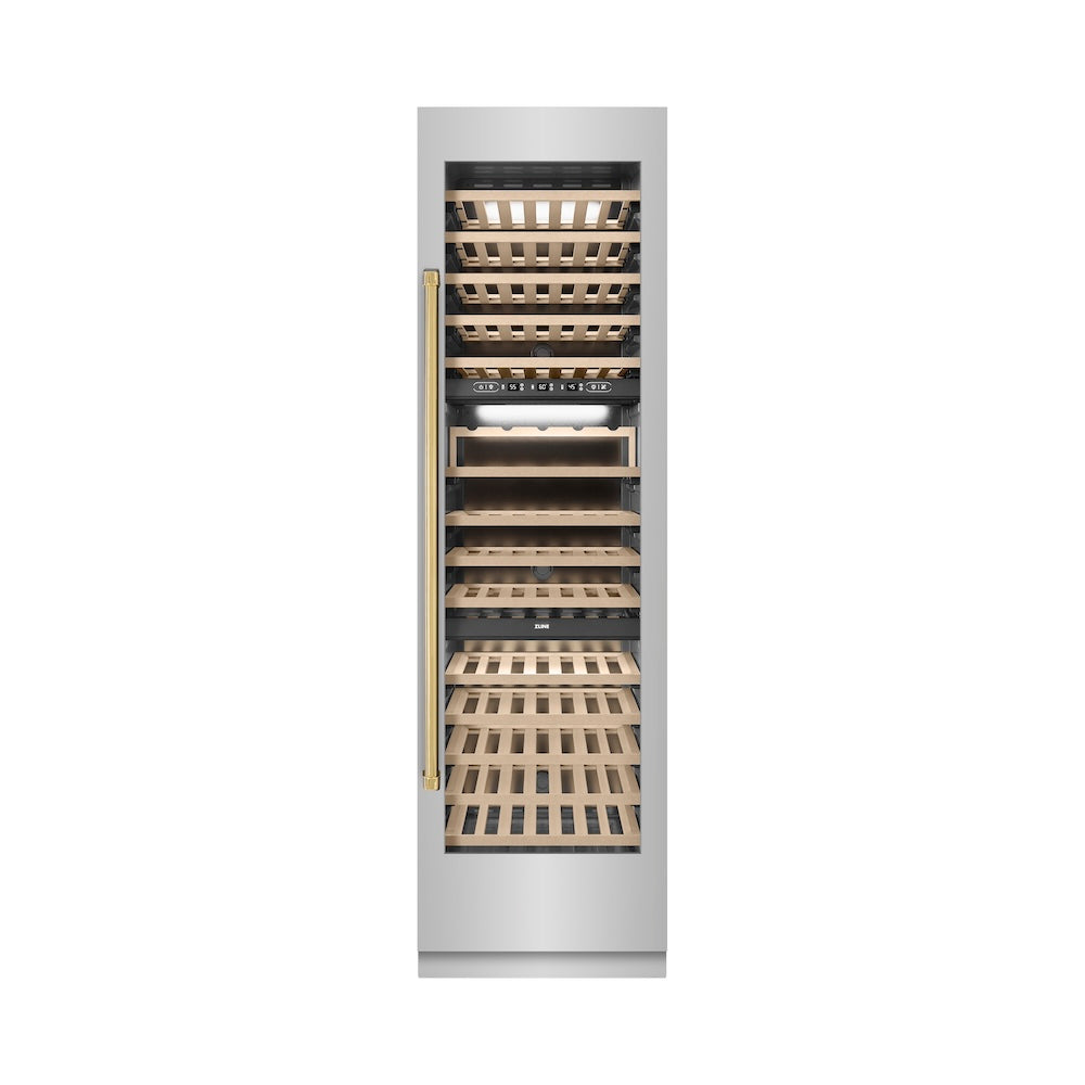 ZLINE Autograph Edition 24 Inch 12.4 Cu Ft Triple Zone 100 Bottle Stainless Steel Wine Cooler with Polished Gold Accents - Perfect for Home Bars, Wine Cellars & Entertaining (RCWVZ 304 24 G)