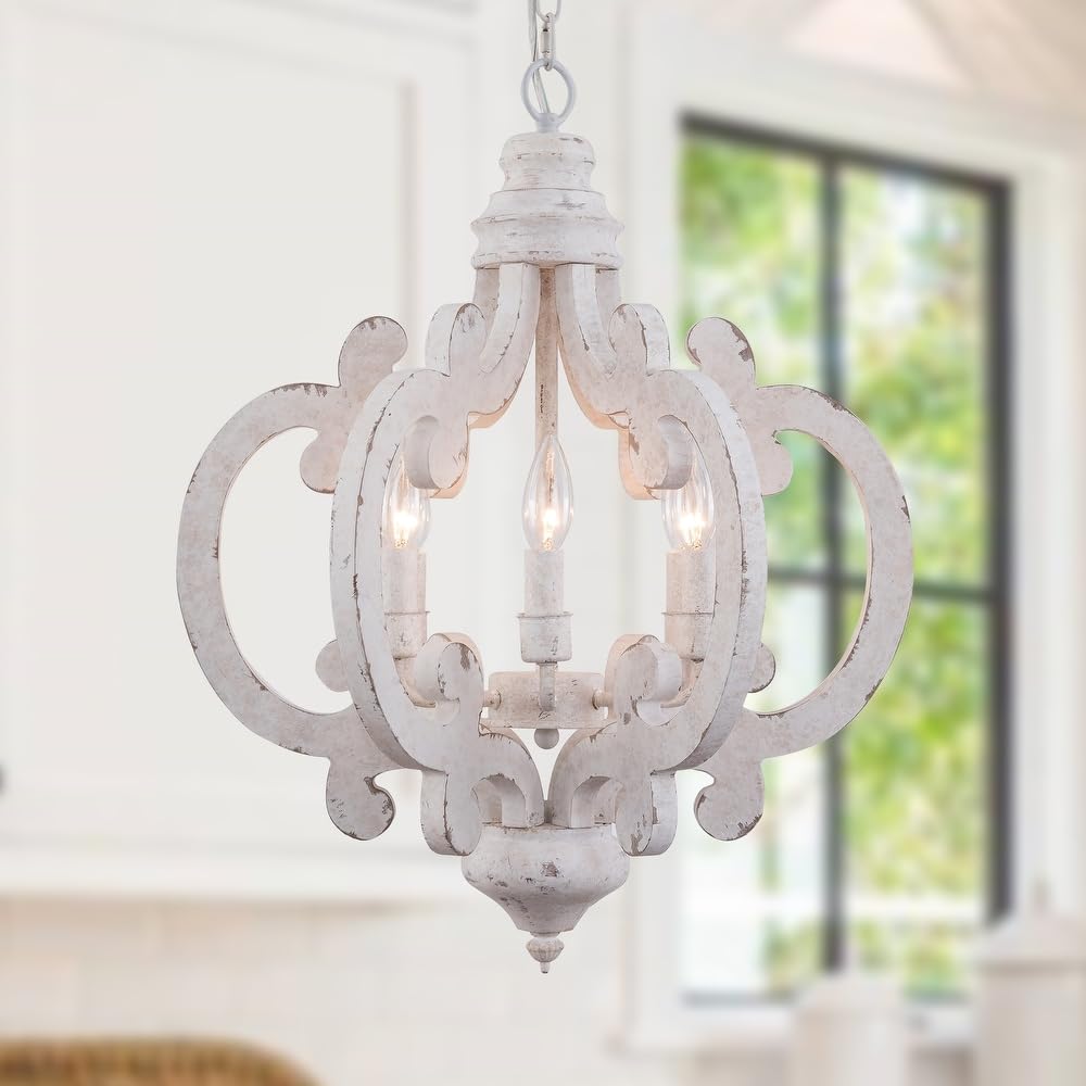 Rustic Farmhouse Wood Chandelier - 6-Light White Dining Room Pendant Light for Kitchen Island, Hallway, Foyer & Farmhouse Decor | Perfect for Dining Table, Entryway & Rustic Home Lighting