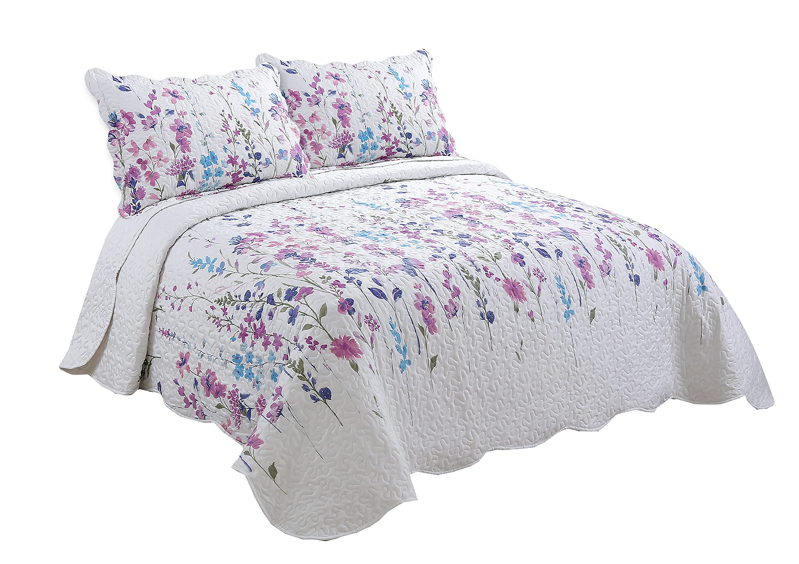 King Size 3-Piece Summer Quilt Set - Ultra Soft Floral Garden Printed Bedspread with 2 Quilted Shams | Marina Decor Bedding Collection | Perfect for Guest Rooms, Master Bedrooms & Coastal Themed Homes
