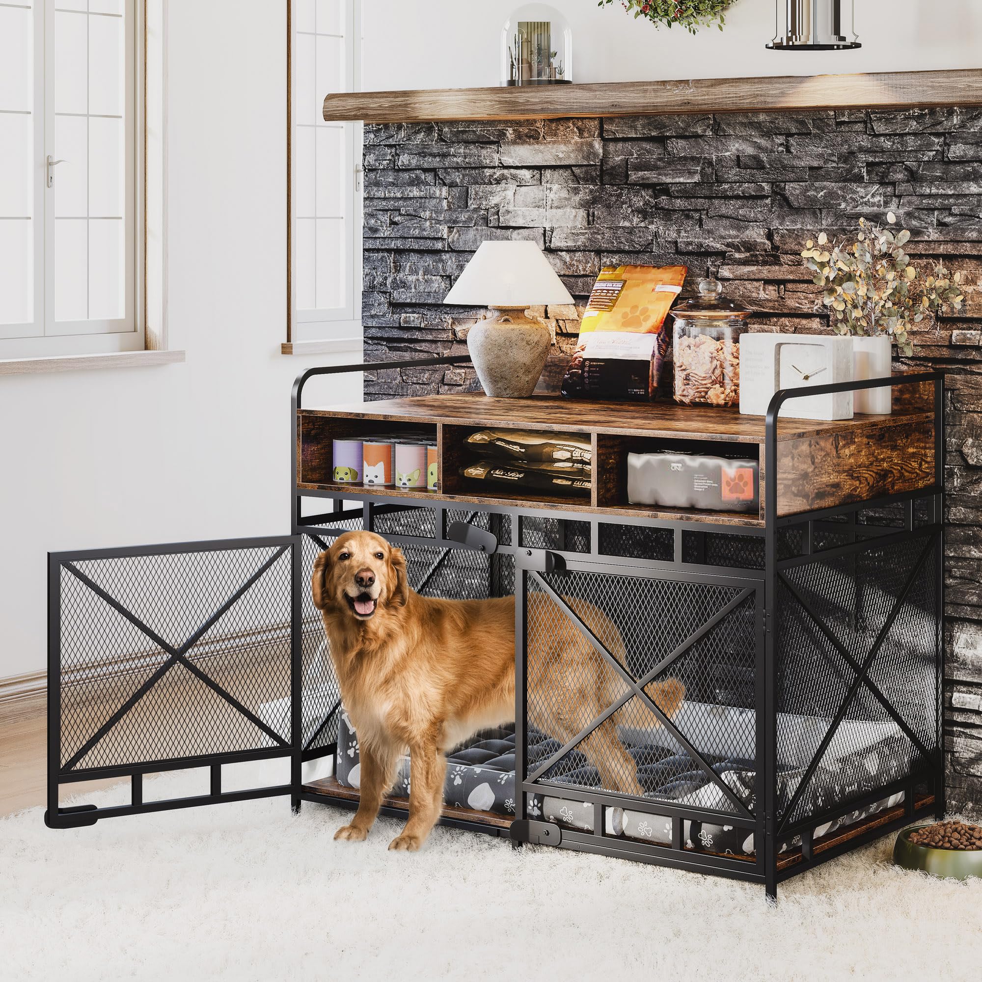 Stylish Rustic Brown Wooden Dog Crate Furniture - 43 Inch Heavy Duty Pet Kennel with Drawers, Multi-Functional End Table for Living Room & Bedroom - Indoor Dog Cage 43.3