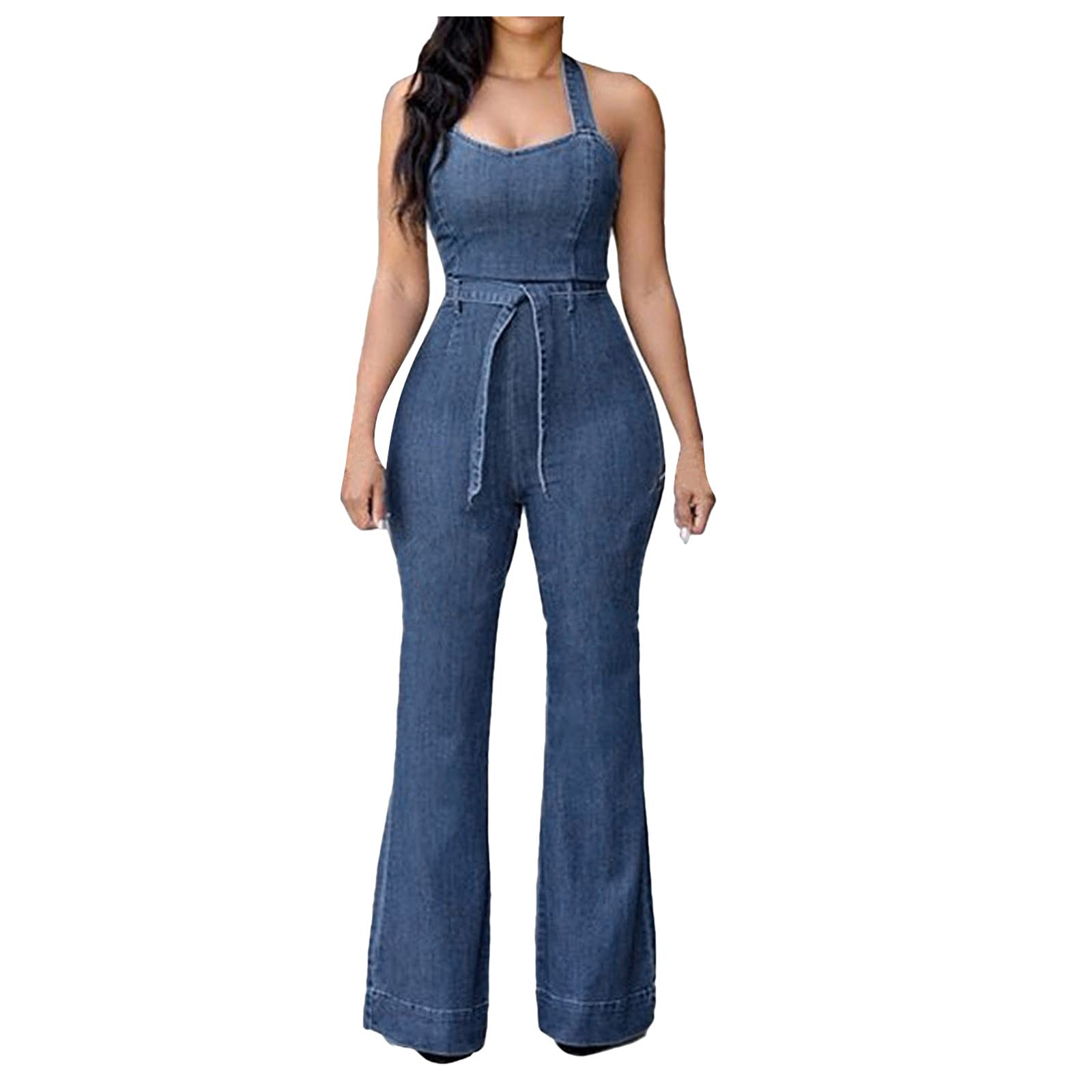 Women's Casual Denim Off-Shoulder Sleeveless Jumpsuit with Slim Belt - Stylish Romper for Summer Outings, Beach Vacations & Date Nights