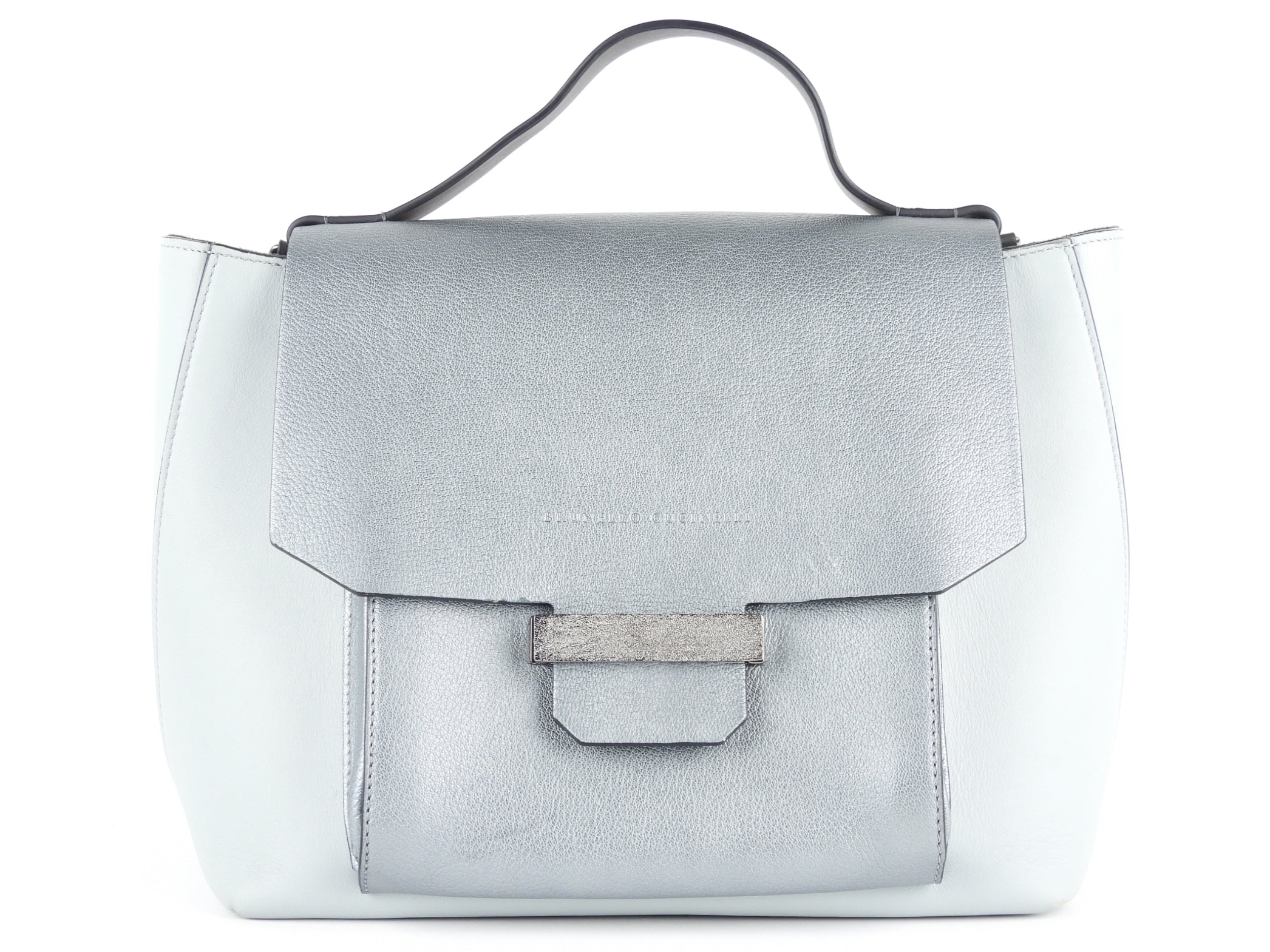Brunello Cucinelli Pale Blue Metallic Leather Satchel Bag for Women - Luxury Designer Handbag for Work, Travel & Everyday Use