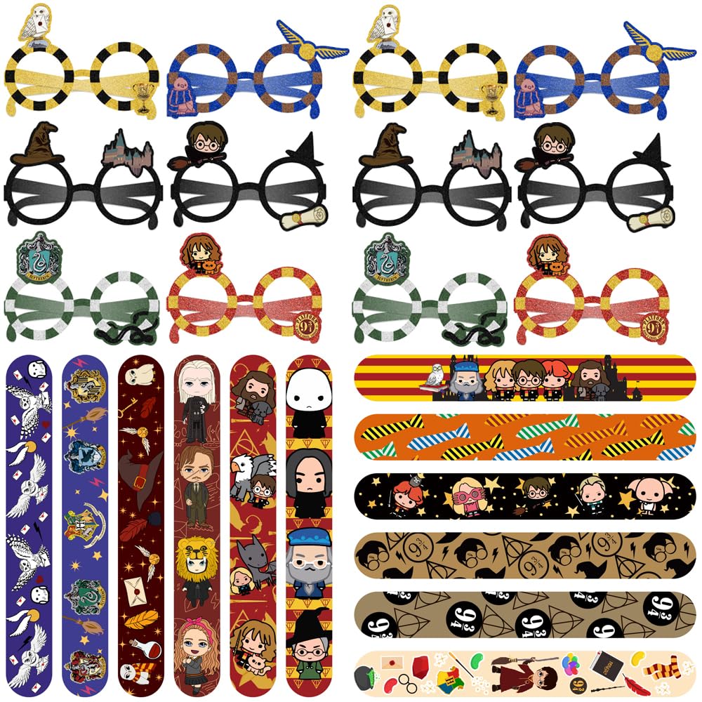 24 Pcs Harry Potter Party Birthday Gifts Set - 12 Slap Bracelets & 12 Magic Glasses for Kids - Perfect for Birthday Party Favors, Guest Gifts, Themed Events & Cosplay - Great for Boys and Girls Birthday Celebrations, Halloween Costumes & Harry Potter Fans