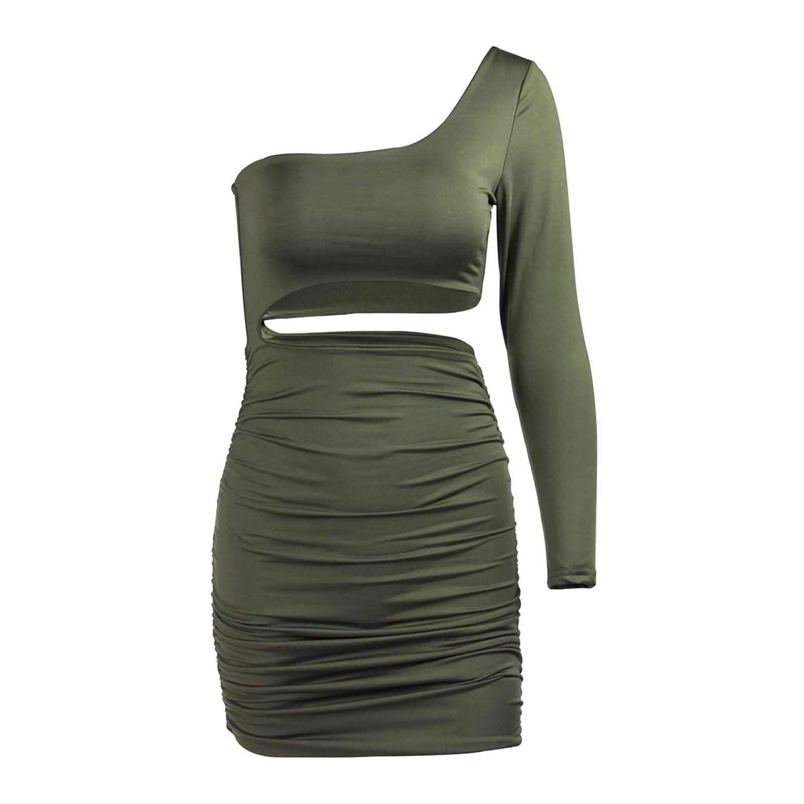 Women's Sexy Hollow Out One Shoulder Long Sleeve Belly Control Dress - Slimming Hip Fold Tight Dance Dress in Army Green (Size M) | Perfect for Nightclub, Party & Evening Events