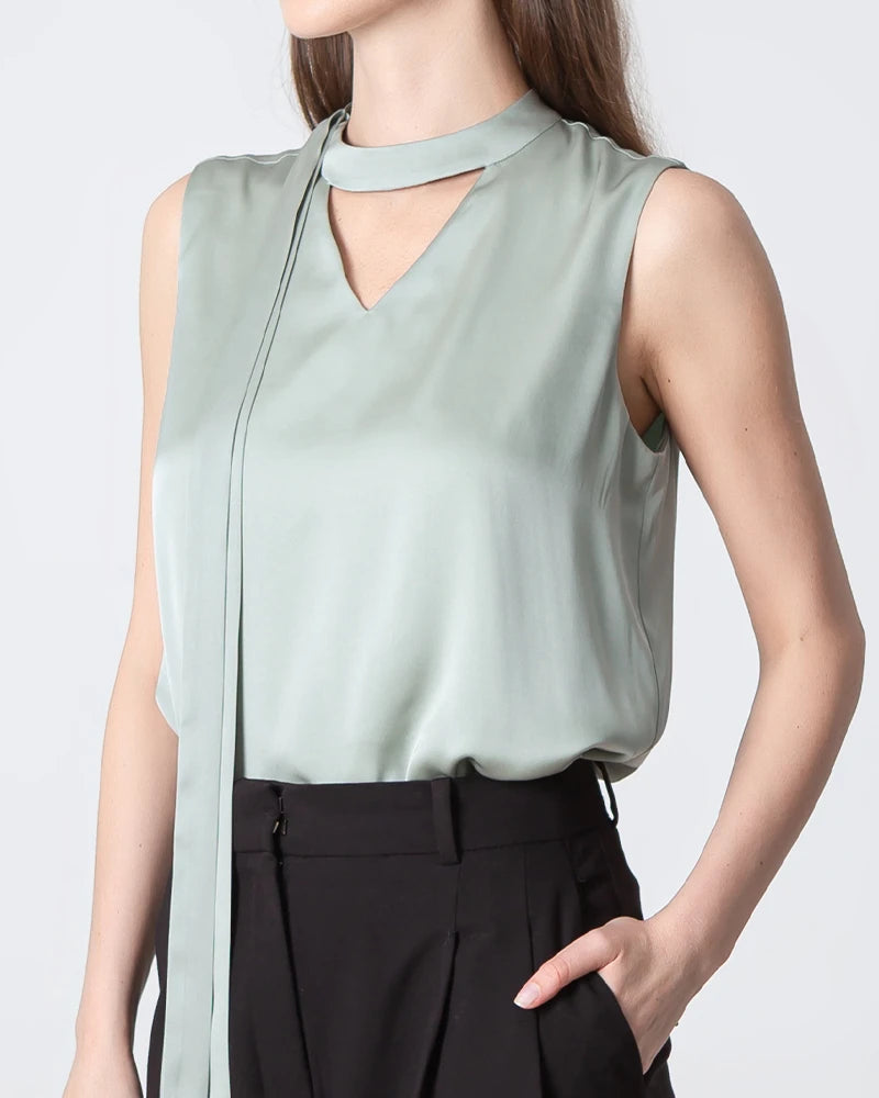 Elegant V-Neck Tie Front Sleeveless Silk Blouse for Women - Perfect for Office Wear, Date Night & Special Occasions