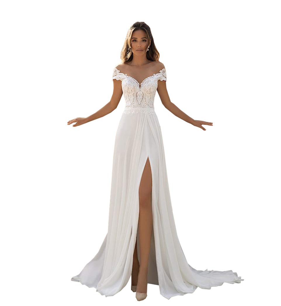 Weilinsha Sexy Lace Applique Beach Wedding Dress for Women - Plus Size A-Line Gown with Side Slit | Perfect for Destination Weddings, Beach Elopements & Romantic Photoshoots