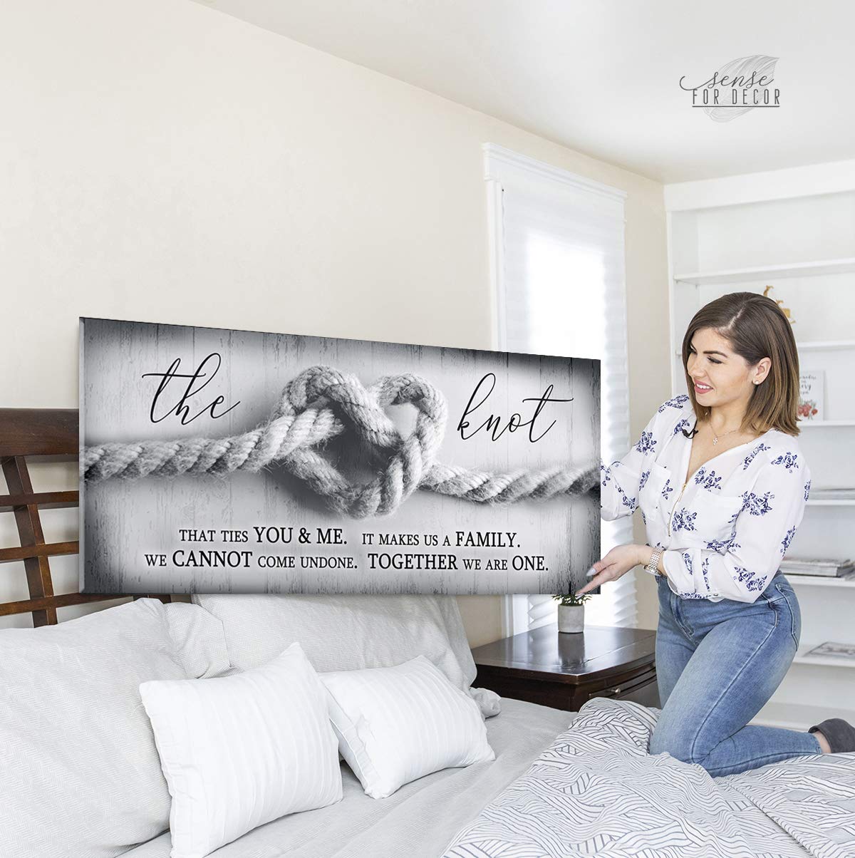 Romantic The Knot Wall Art - Framed Canvas Print Love Sign for Couples, Grey 42x19 - Perfect Over Bed Decor for Master Bedroom & Romantic Home Decor