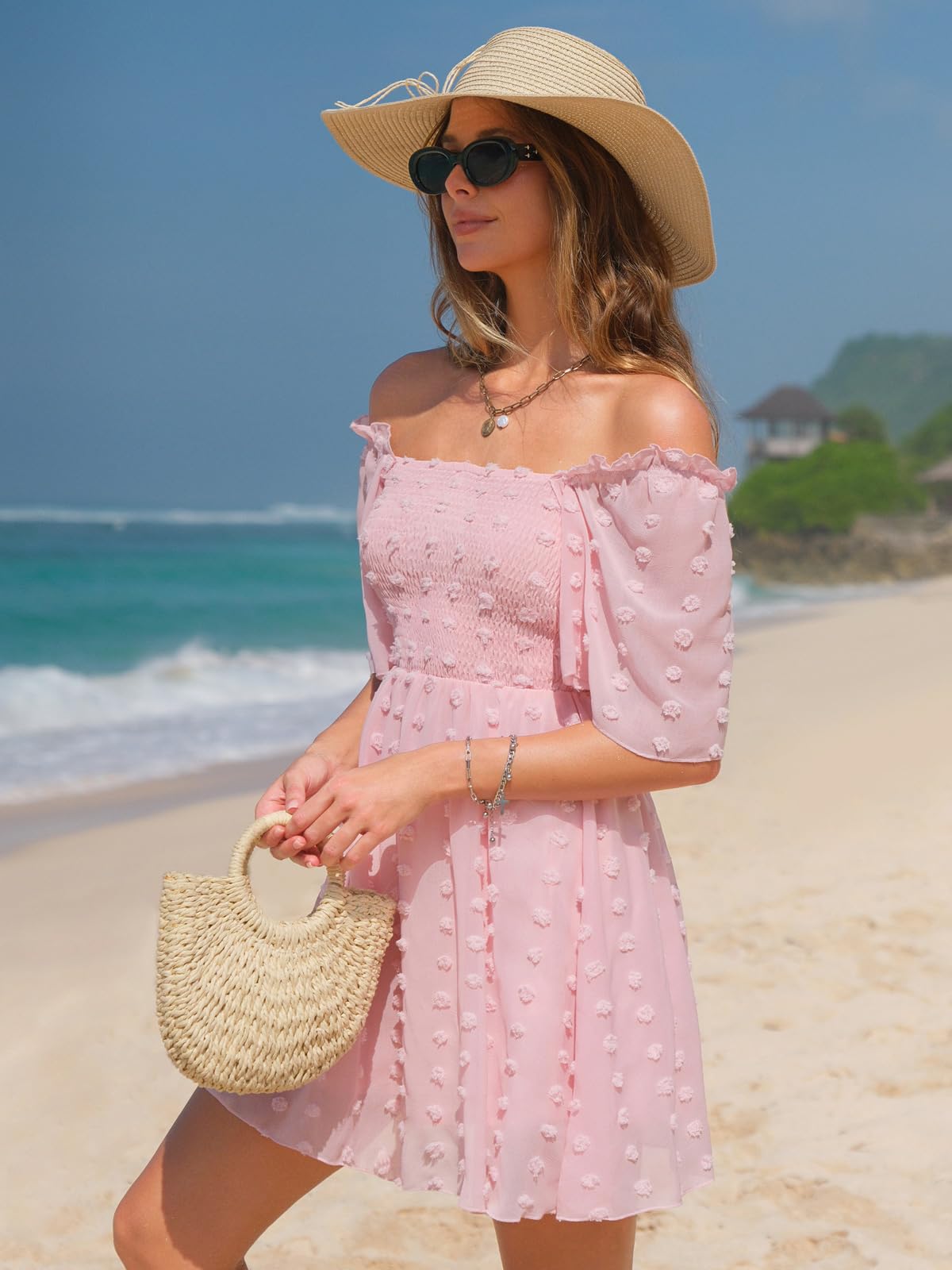 EXLURA Women's Summer 2025 Casual Square Neck Ruffle Sleeve Swiss Dot Flowy Mini Dress - Perfect for Beach Vacations, Date Nights & Summer Parties