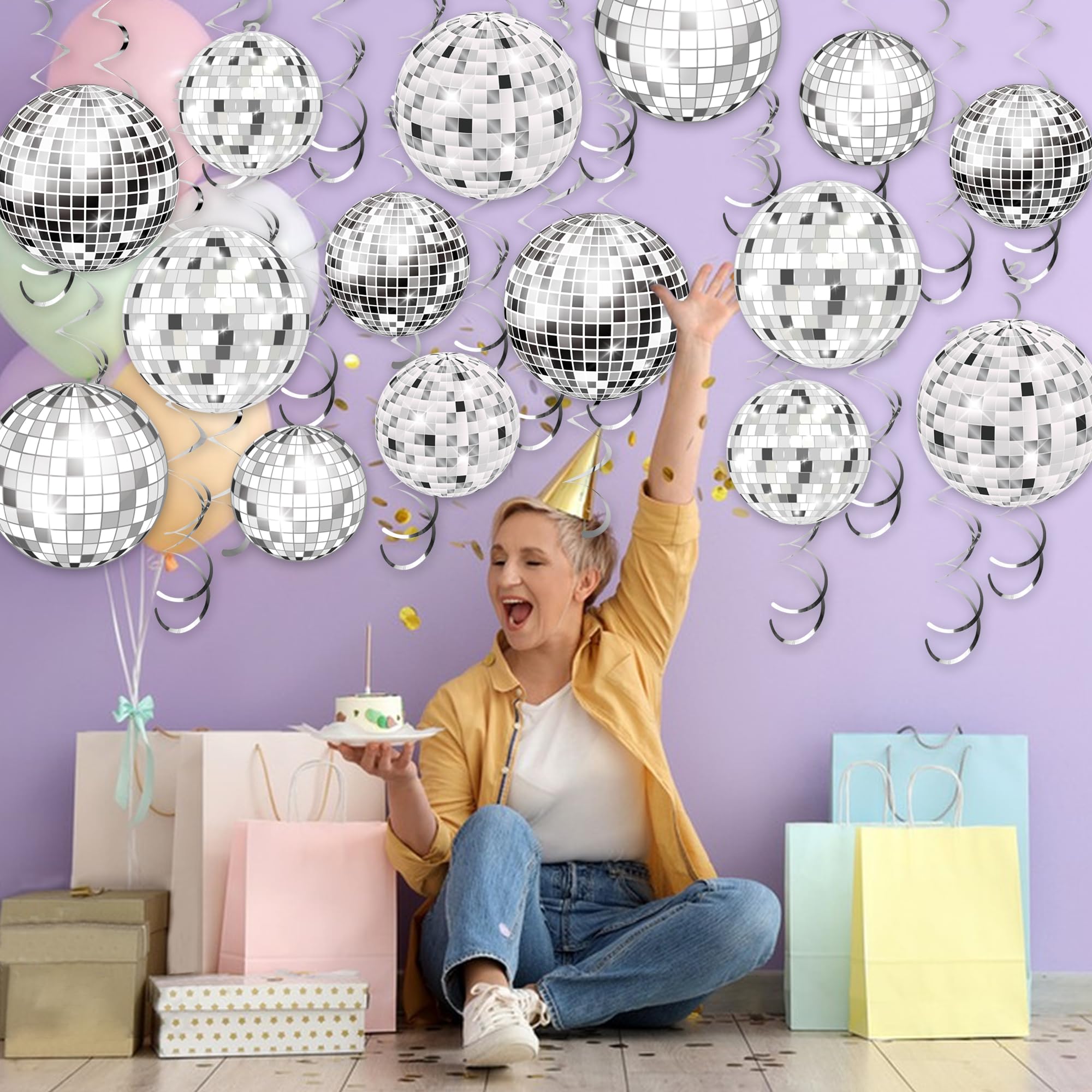 54-Piece Disco Ball Hanging Swirls Decorations - 70s Themed Party Supplies for Disco Fever, Hippie Birthday, Ceiling & Wall Decor - Perfect for Dance Parties, Retro Events & Themed Celebrations