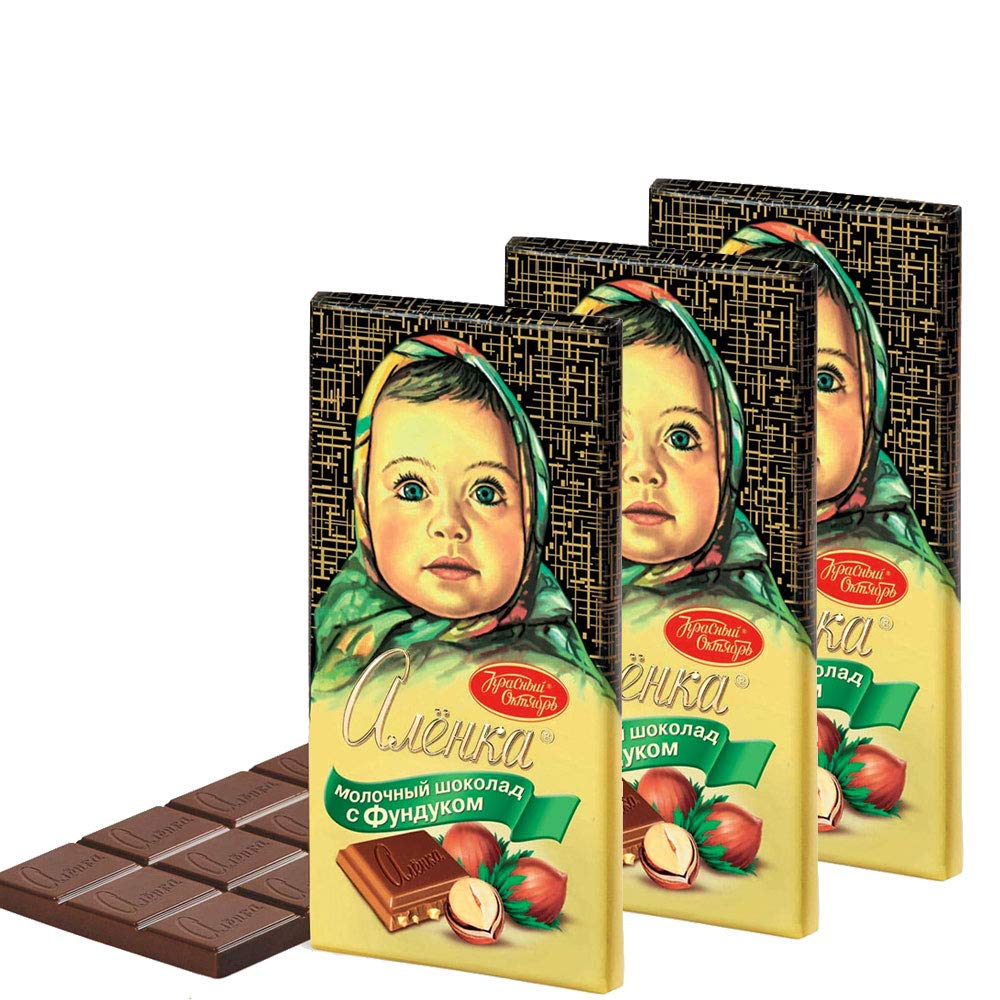 Alenka Russian Milk Chocolate with Hazelnuts - 3.5oz (100g) Pack of 4 Bars | Authentic Sweet Treat for Gifts, Snacking & Dessert Topping