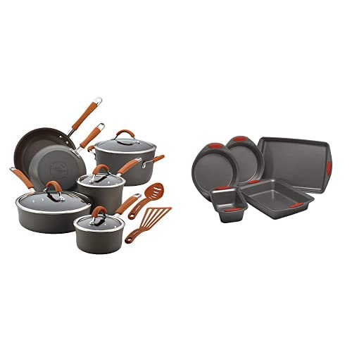 Rachael Ray 12-Piece Nonstick Cookware & Bakeware Set - Gray & Red Grips, Includes Bread Pan, Baking Pan, Cake Pans & Cookie Sheet - Perfect for Baking, Cooking & Entertaining at Home