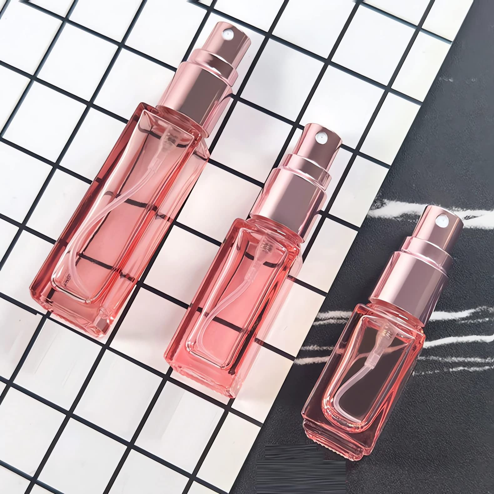 LusDoly 4 Pack 30ml Pink Glass Perfume Spray Bottles - Refillable Travel Perfume Atomizer for Women, Essential Oils, Cosmetic & Cleaning Liquids | Perfect for Travel, Gym, Purse & Home Fragrance Organization