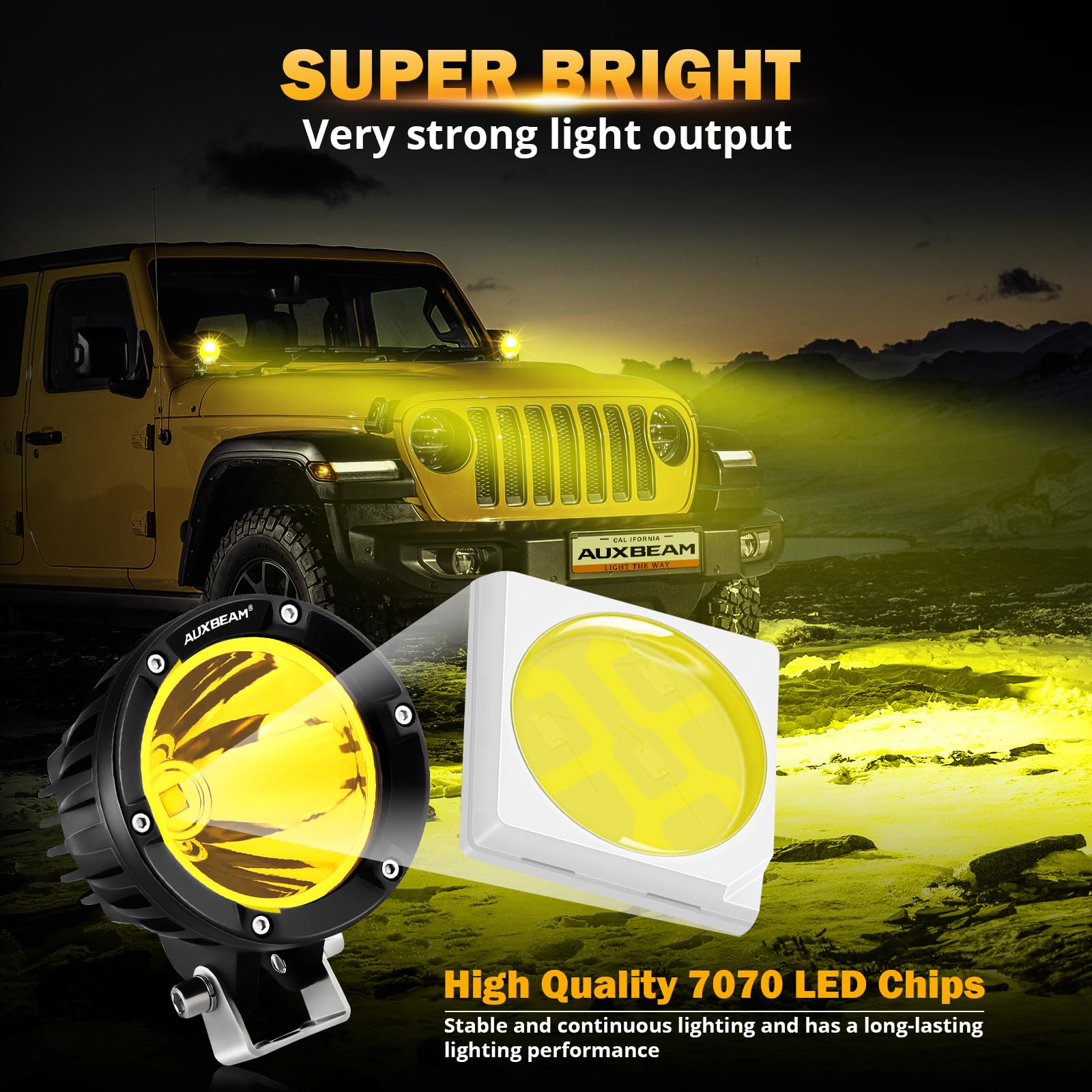 Auxbeam 4Inch 72W Amber LED Fog Lights - 2PCS 7200LM Round Offroad Light Pods with Wiring Harness Kit - Super Bright Yellow Spot Beam for Jeep, Wrangler, SUV, ATV, UTV - Perfect for Offroading, Night Driving & Foggy Conditions