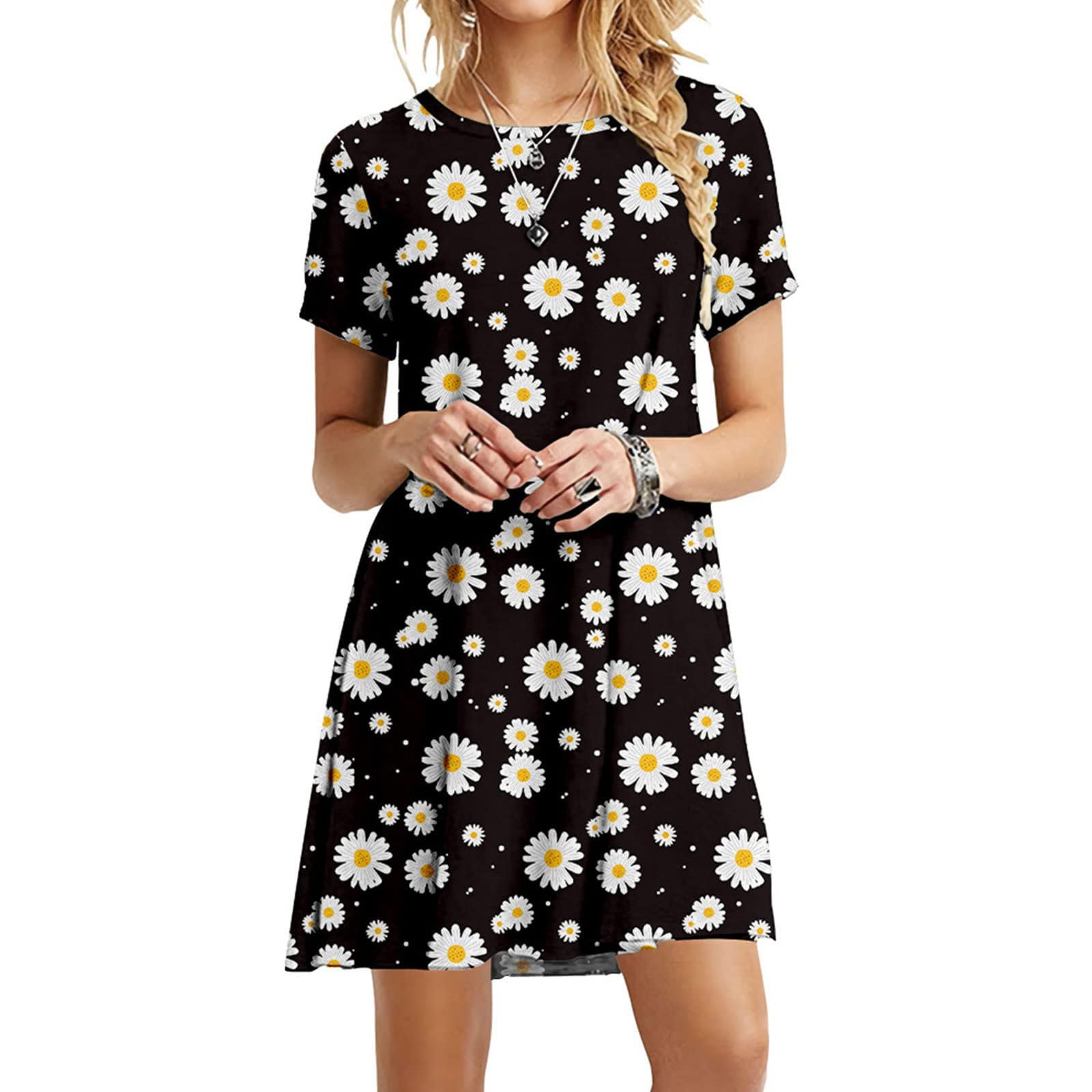 KUIOLYPOER Women's Summer Casual Sleeve Dress - Loose Fit Printed T-Shirt Dress with Comfortable Crew Neck | Perfect for Beach Outings, Weekend Wear & Summer Vacations