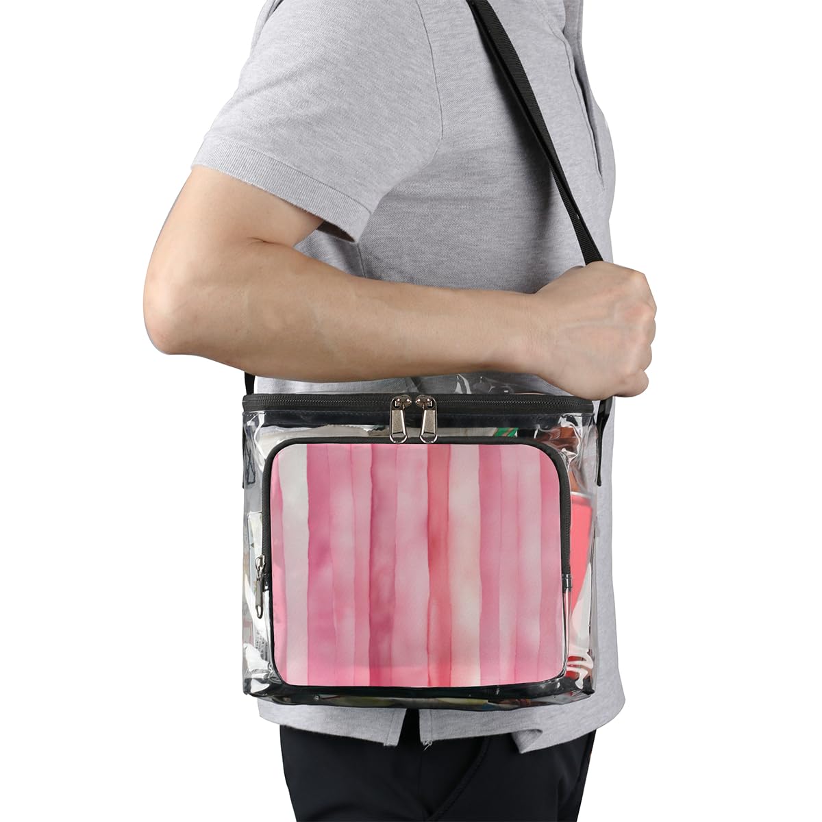 GzLeyigou Pink Striped Clear Tote Bag with Handles - Textured Transparent Crossbody Shoulder Purse for Lunch, Outdoor, Travel, Picnic, Concerts & Sports Events | Stadium Approved Clear Bag for Women & Girls