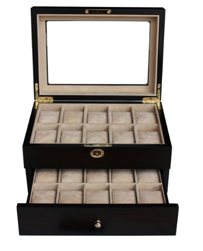 20-Piece Ebony Walnut Wood Watch Box for Men - Luxury Display Case with Glass Top for Watches & Jewelry Storage - Perfect Father's Day Gift for Watch Collectors & Groomsmen