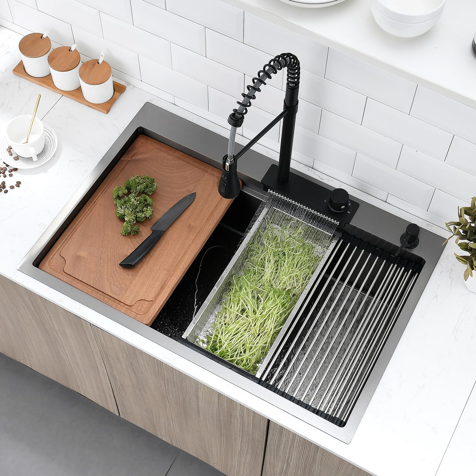 33x22 Inch Gunmetal Black Stainless Steel Drop-in Kitchen Sink Workstation with Waterfall Faucet Combo - 16 Gauge Top Mount Multifunctional Single Bowl Sink for Modern Home & Restaurant Use