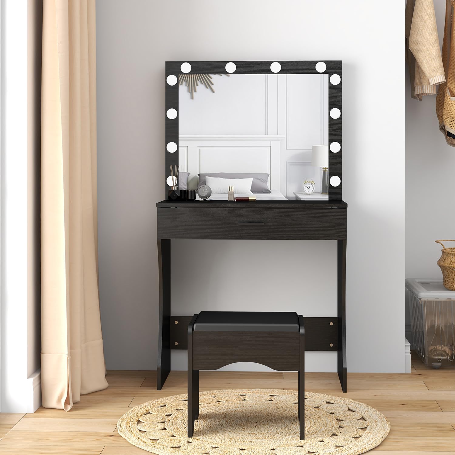 Vanity Desk with Mirror and Lights - Adjustable LED Makeup Vanity Table with Stool, 1 Drawer Storage, Modern Dressing Table for Bedroom (Black) | Perfect for Makeup Application, Skincare Routine & Home Decor