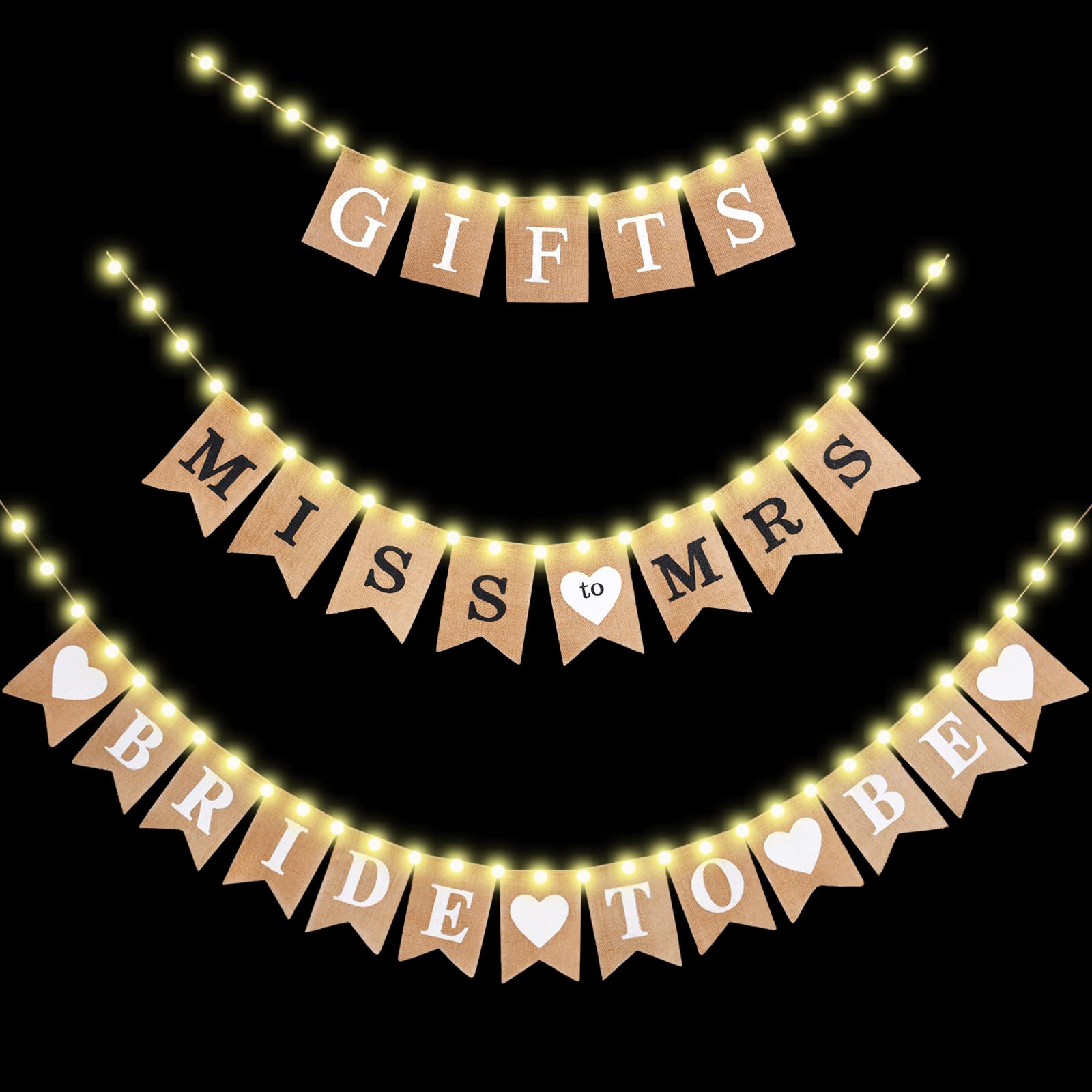 3-Piece Rustic Burlap Bridal Shower Banner Set with LED Fairy Lights - 'Miss to Mrs' Wedding Decor for Bachelorette Parties, Rehearsal Dinners & Bridal Showers