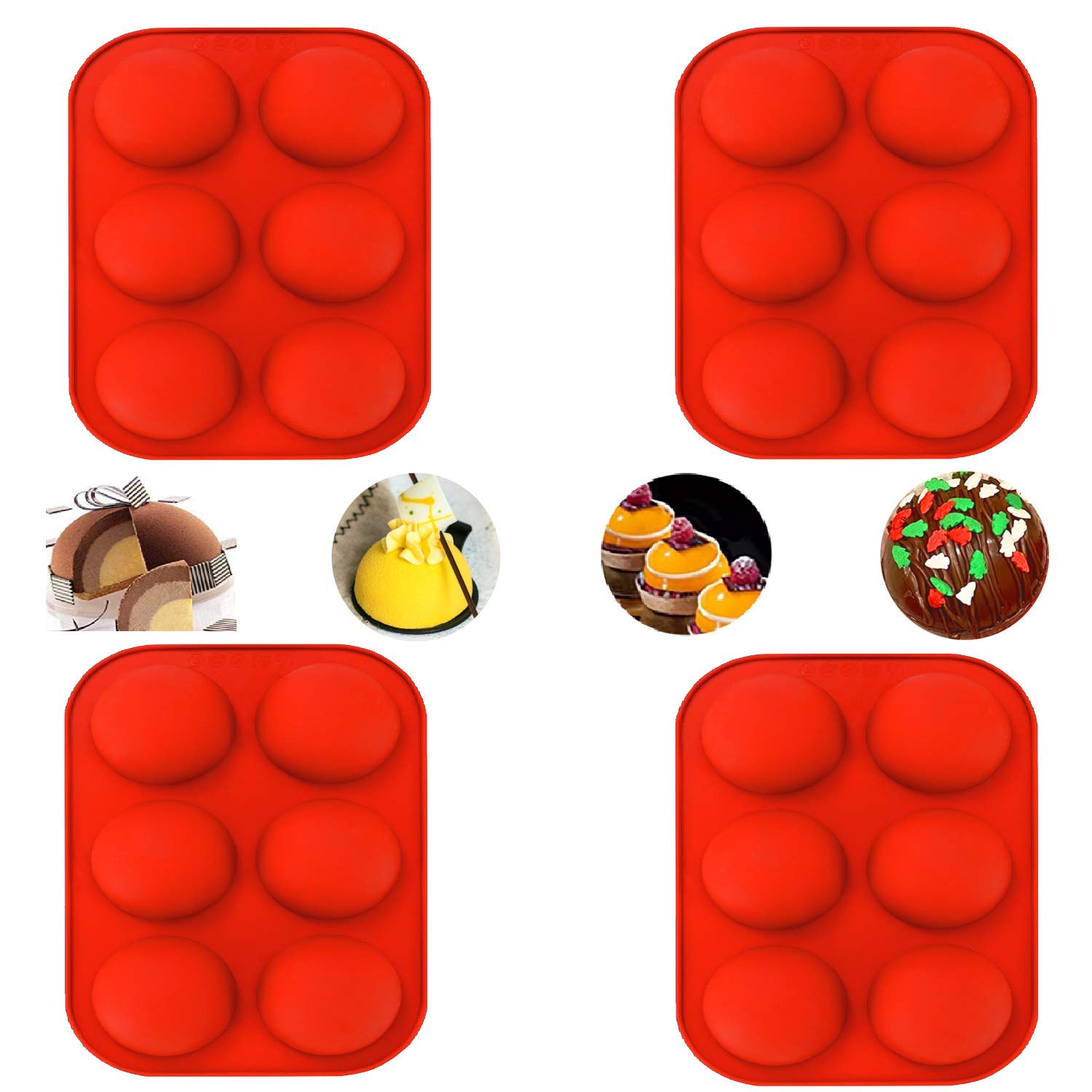 4-Piece Silicone Baking Mold Set for Dome Mousse Cake, Hot Chocolate Bombs & Handmade Soap - 6 Holes Semi Sphere Chocolate Molds for DIY Desserts, Hot Cocoa Balls, Jelly Dome Cakes - Perfect for Holiday Baking, Party Treats & Homemade Gifts