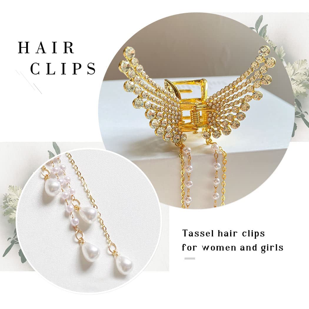 2PCS Rhinestone Butterfly Hair Clips with Tassel Pearl - Elegant Metal Hair Claws for Women & Girls - Perfect for Weddings, Parties & Daily Hair Accessories (Thick & Thin Hair)
