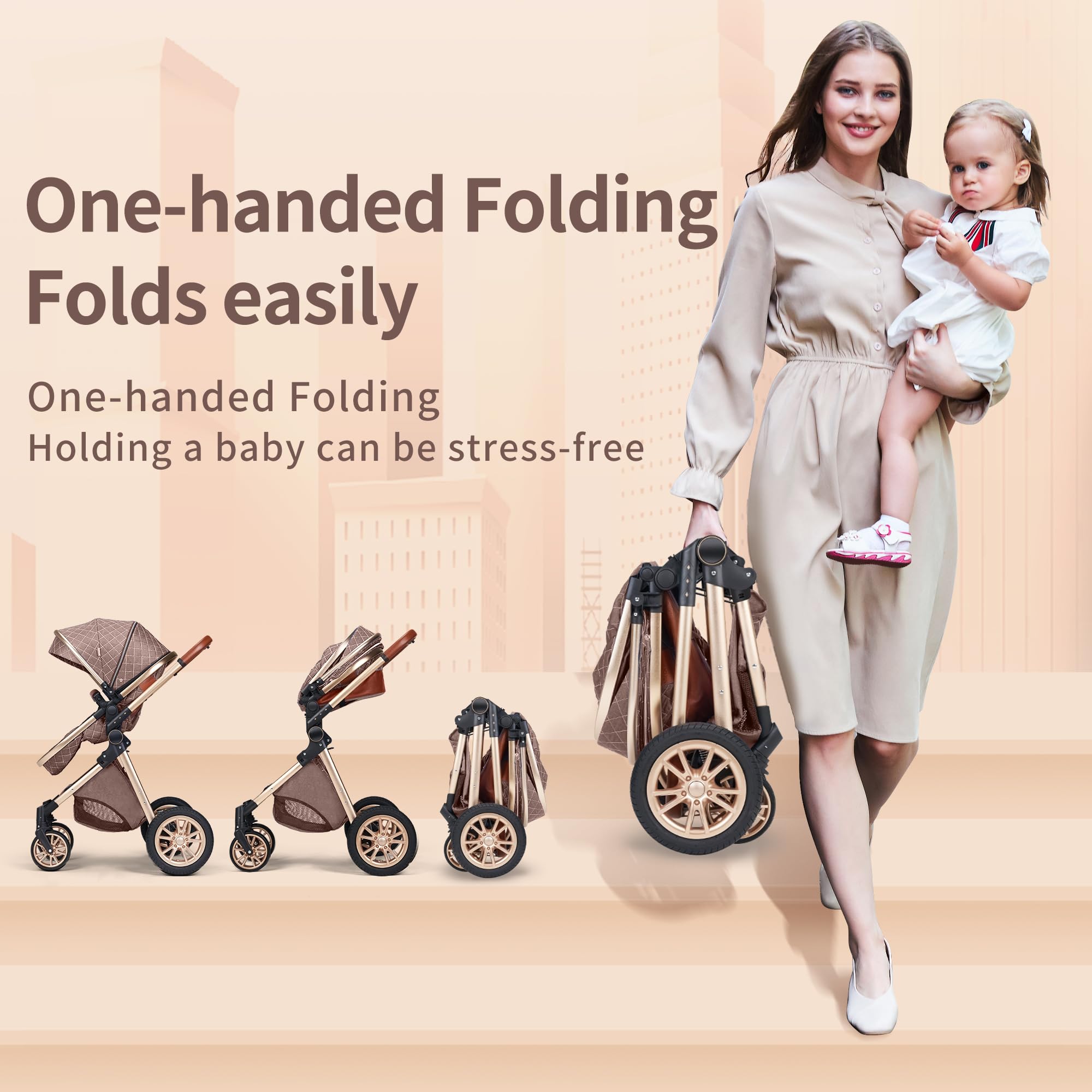 3-in-1 Convertible Baby Stroller with Bassinet & Toddler Seat - Lightweight Foldable Travel Stroller with Adjustable Canopy & Reversible Handle - Perfect for Newborns to Toddlers (Beige) - Ideal for Shopping, Travel & Daily Walks