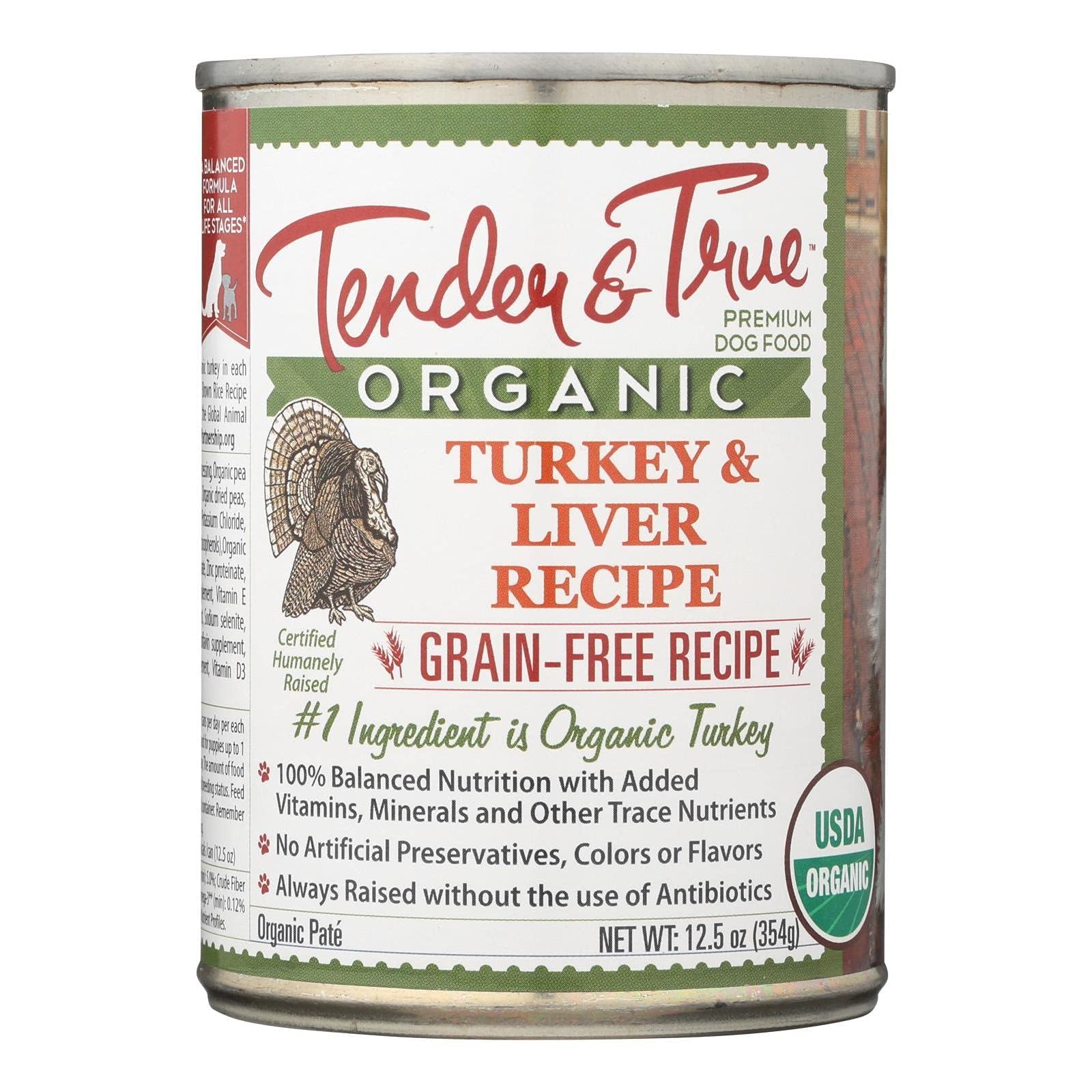 Tender & True Organic Grain-Free Canned Dog Food - Turkey & Liver Recipe, 12.5 oz (Pack of 12) | High Protein, All-Natural Ingredients for Adult Dogs | Perfect for Mealtime, Training Treats & Sensitive Stomachs
