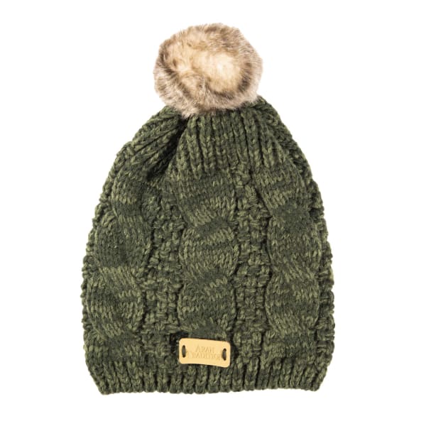 Dark Green Cable Knit Fur Pom Pom Hat - Winter Beanie for Women & Men - Cozy & Stylish Cold Weather Accessory for Outdoor Activities