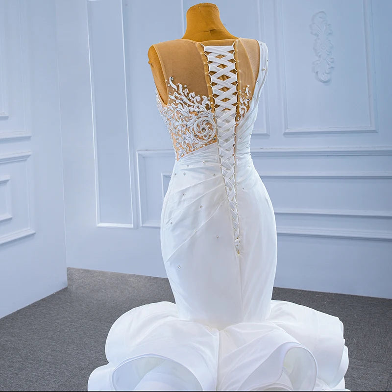 Elegant Crystal Mermaid Wedding Dress with Pearl Embellishments & Lace Detailing - Luxury Satin Sleeves for Brides - Perfect for Beach Weddings, Vow Renewals & Romantic Photoshoots