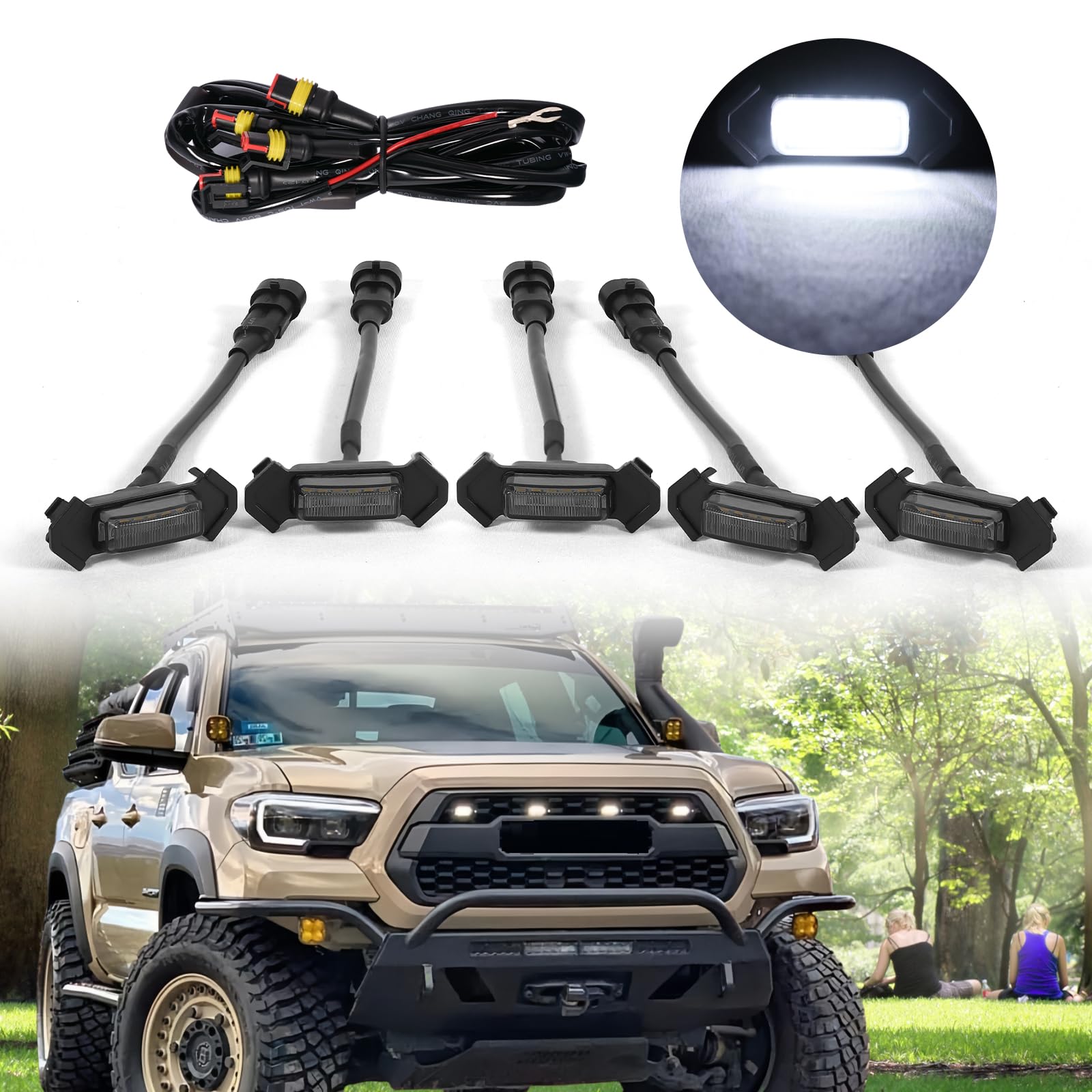 5pcs LED Grill Lights for Toyota Tacoma TRD-Pro 2015-2023 | Aftermarket TRD-Pro Grille Lights | White & Black LED Off-Road Lighting for Truck Accessories | Perfect for Night Off-Roading & Custom Truck Modifications