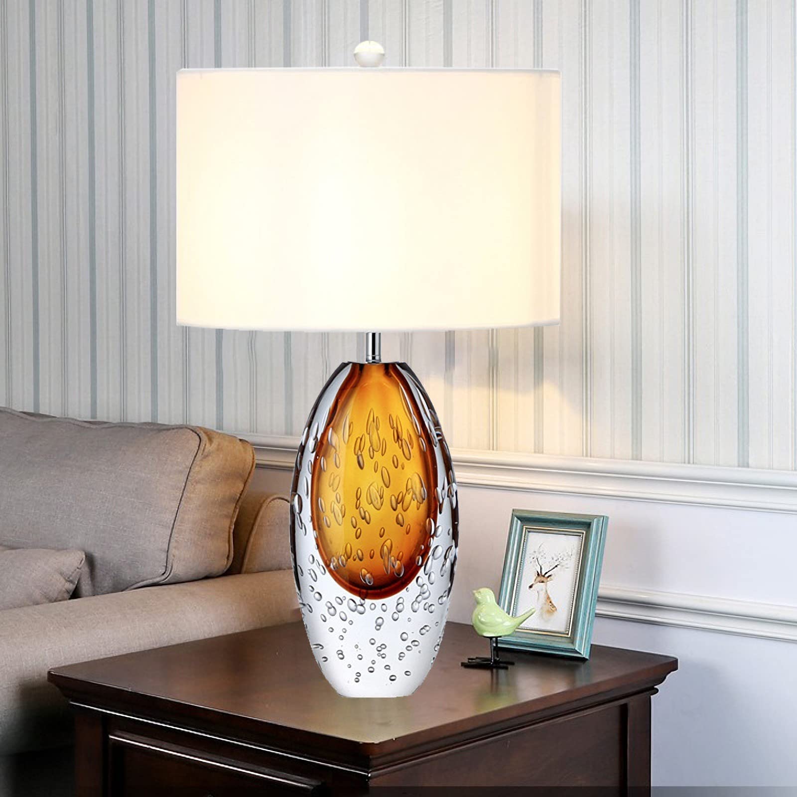 Modern Glass Table Lamp with Bubble Design - White Fabric Lampshade & Glass Base - Perfect for Bedroom Nightstand, Living Room, Home Office & House Decor - Small Creative Decorative Lighting for Cozy Ambience