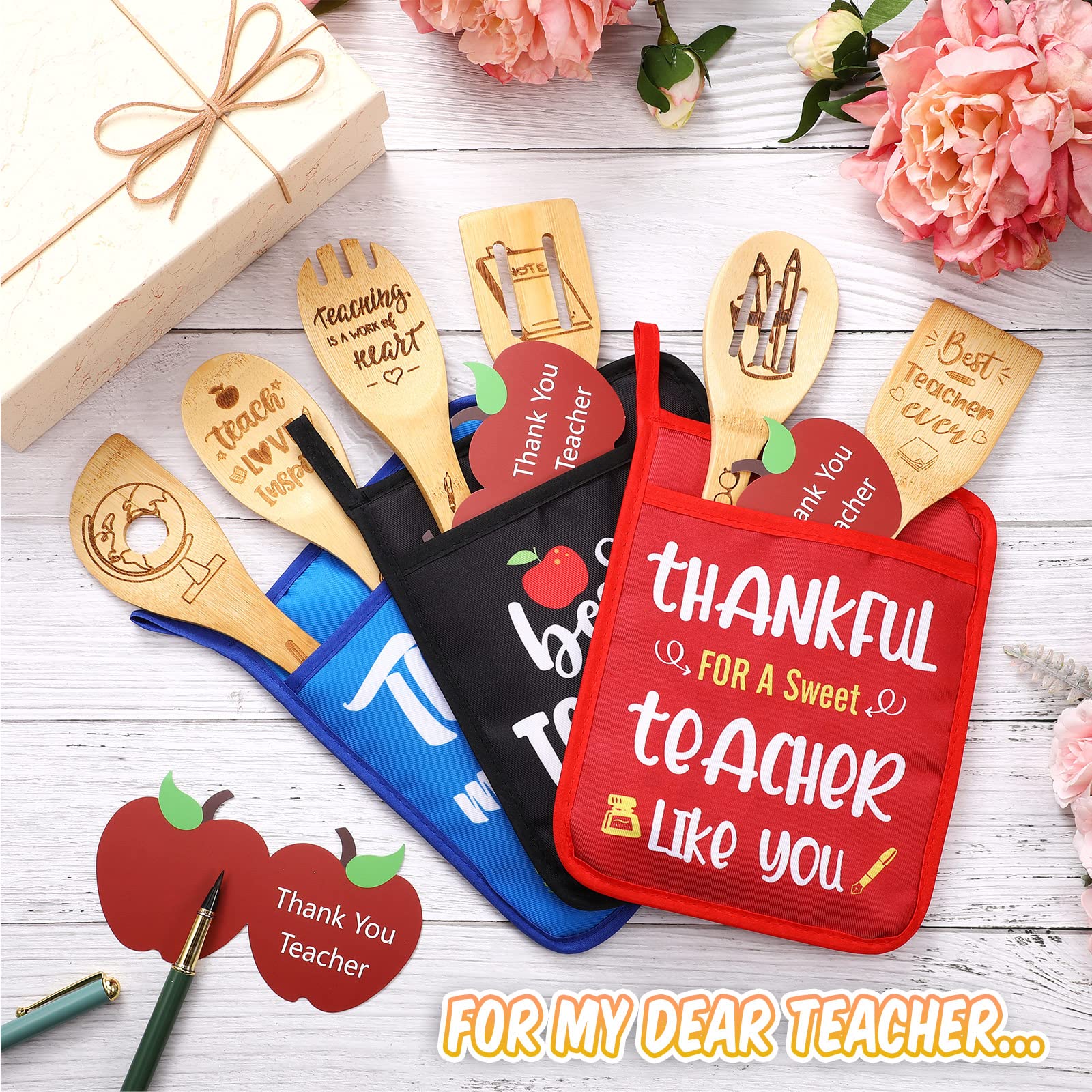 Remerry 12-Piece Teacher Appreciation Gift Set - 3 Heat-Resistant Potholders, Oven Mitt, 6-Piece Bamboo Kitchen Utensil Set & 3 Thank You Cards - Perfect Cooking & Baking Gifts for Women Teachers