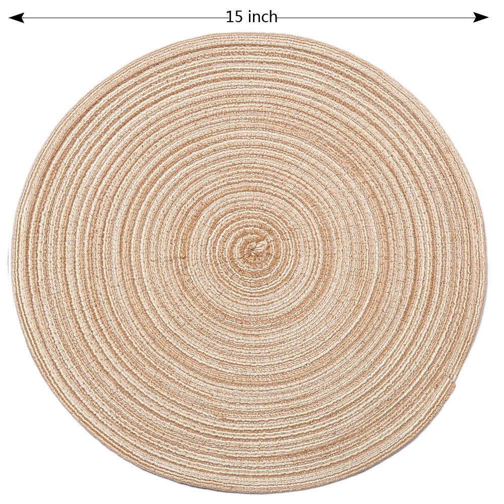 Braided Round Placemats Set of 6 - 15 Inch Washable Table Mats for Kitchen & Dining - Brown Woven Placemats for Everyday Use, Dinner Parties & Home Decor