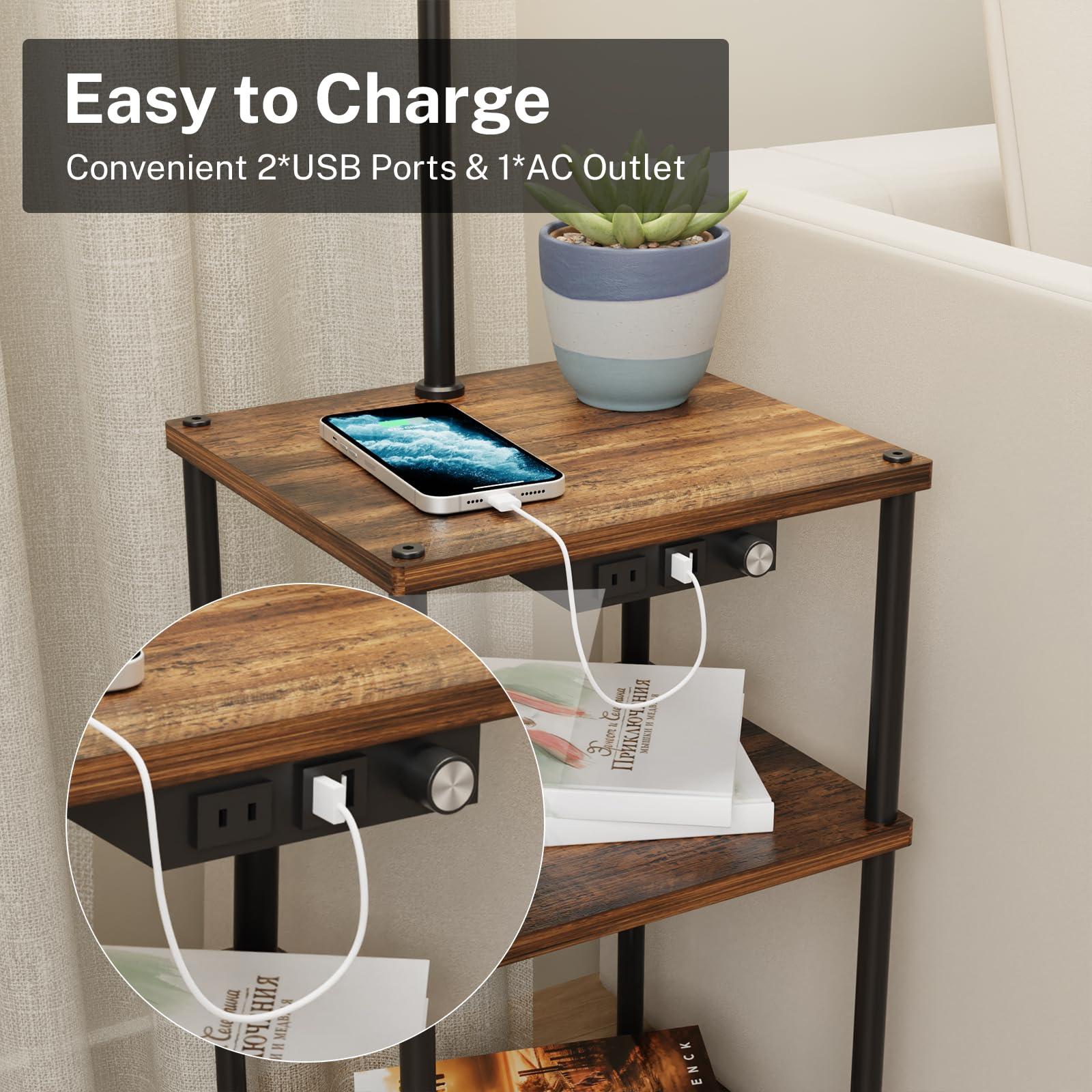 Modern Floor Lamp with Side Table - USB Charging Port & Outlet, Adjustable Bedside Nightstand End Table with Built-in Light for Living Room, Bedroom, Guest Room - Includes LED Bulbs (2 Pack) - Perfect for Reading, Working & Charging Devices