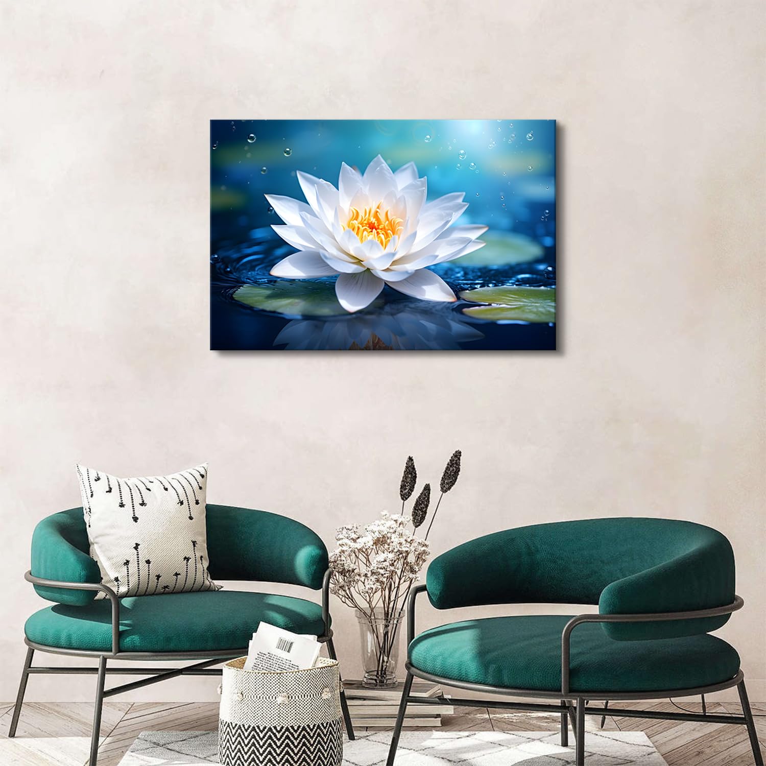 Blue White Lotus in Water Landscape Canvas Print - 32x48