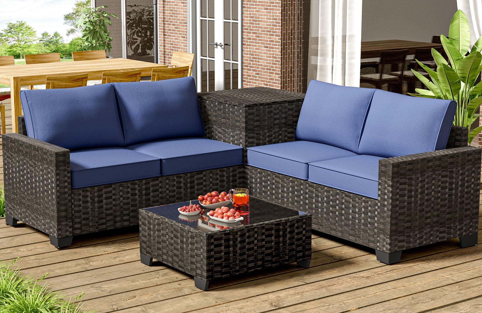 Outdoor PE Rattan 4-Piece Wicker Sectional Sofa Set with Storage Box & Glass Table - Patio Furniture for Garden, Poolside & Backyard Relaxation