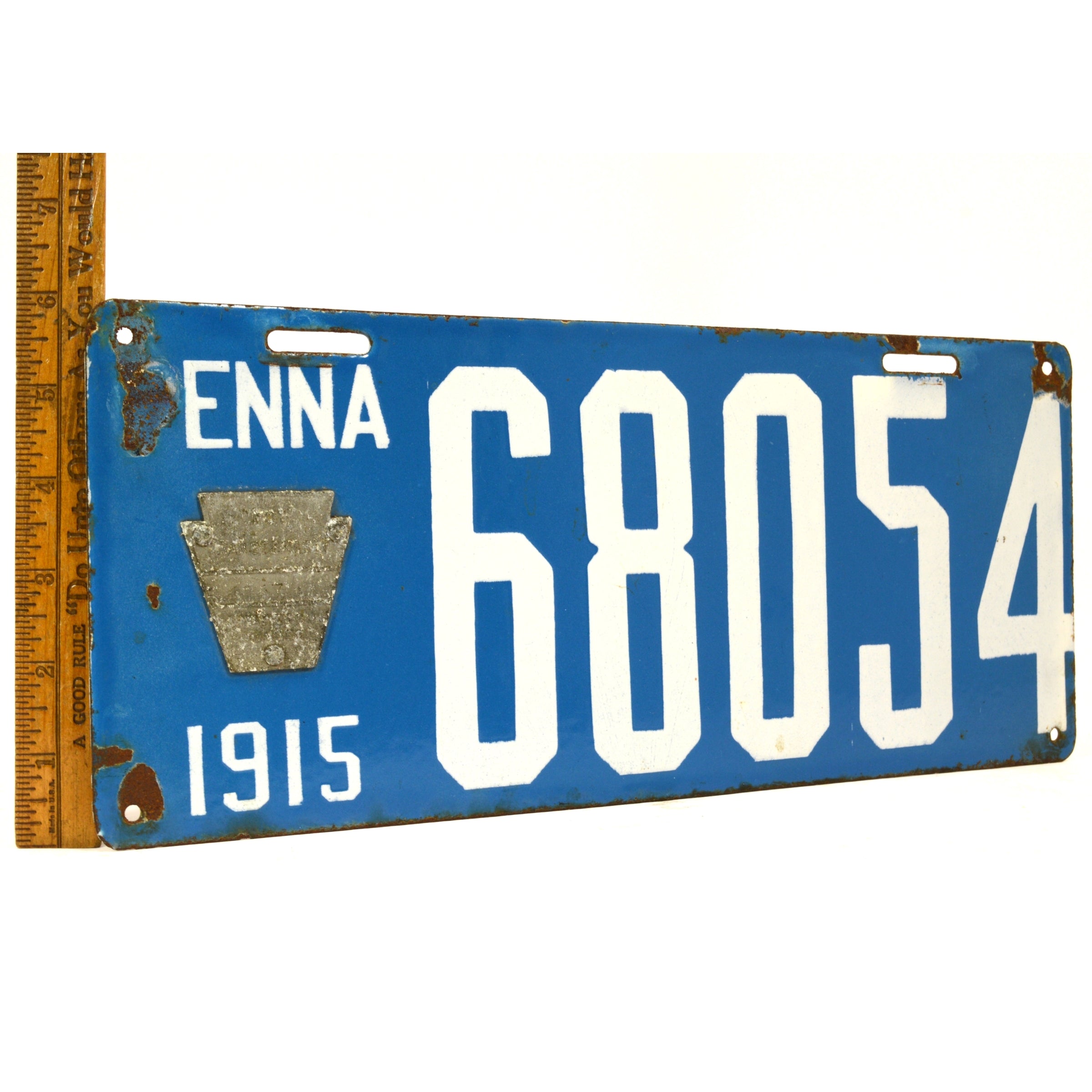 Vintage 1915 Pennsylvania Porcelain License Plate - Brilliant Mfg Co No. 68054 - Antique Car Collectible for Restoration Projects & Wall Decor