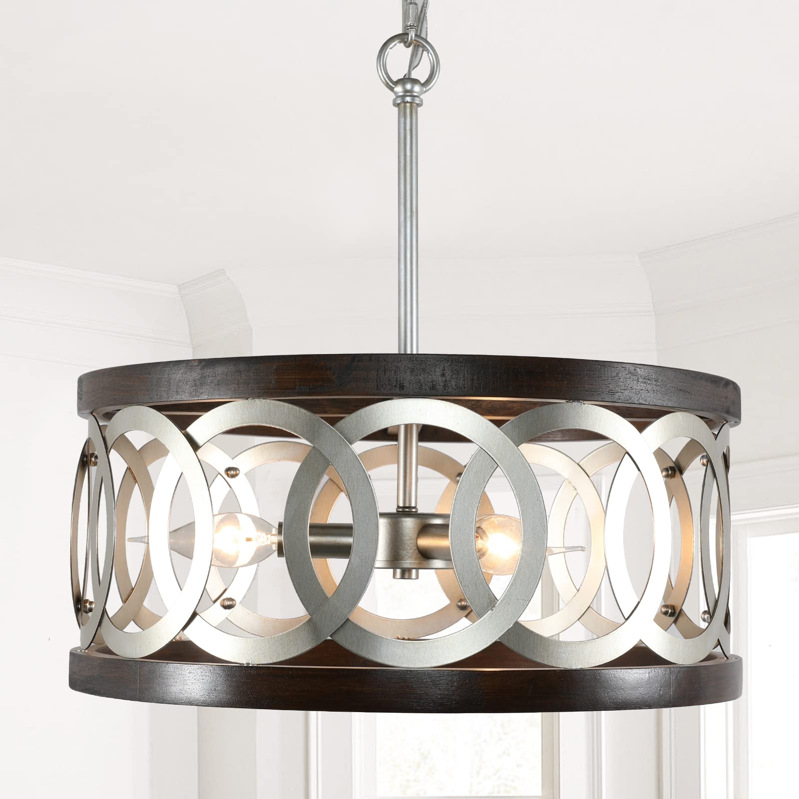 Vintage Modern Farmhouse Chandelier - Wooden & Silver Chrome Metal Drum Pendant Light for Kitchen, Dining Room, Living Room | Rustic Round Ceiling Fixture with 3 Lights | Perfect for Foyer, Entryway and Hallway Lighting Decor
