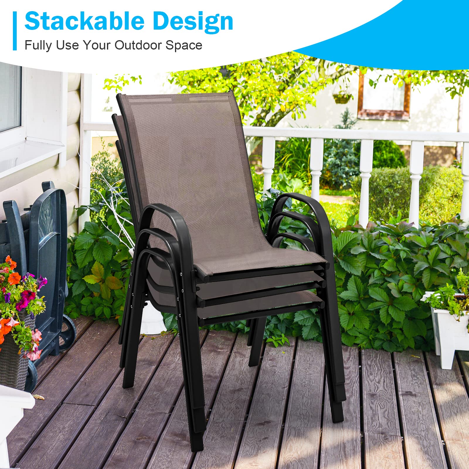 Tangkula 4-Piece Stackable Patio Dining Chairs Set - Heavy Duty All-Weather Outdoor Chairs with Armrests, 330 lbs Weight Capacity - Perfect for Poolside, Backyard, Garden, Deck, Front Porch & Outdoor Dining (Brown)