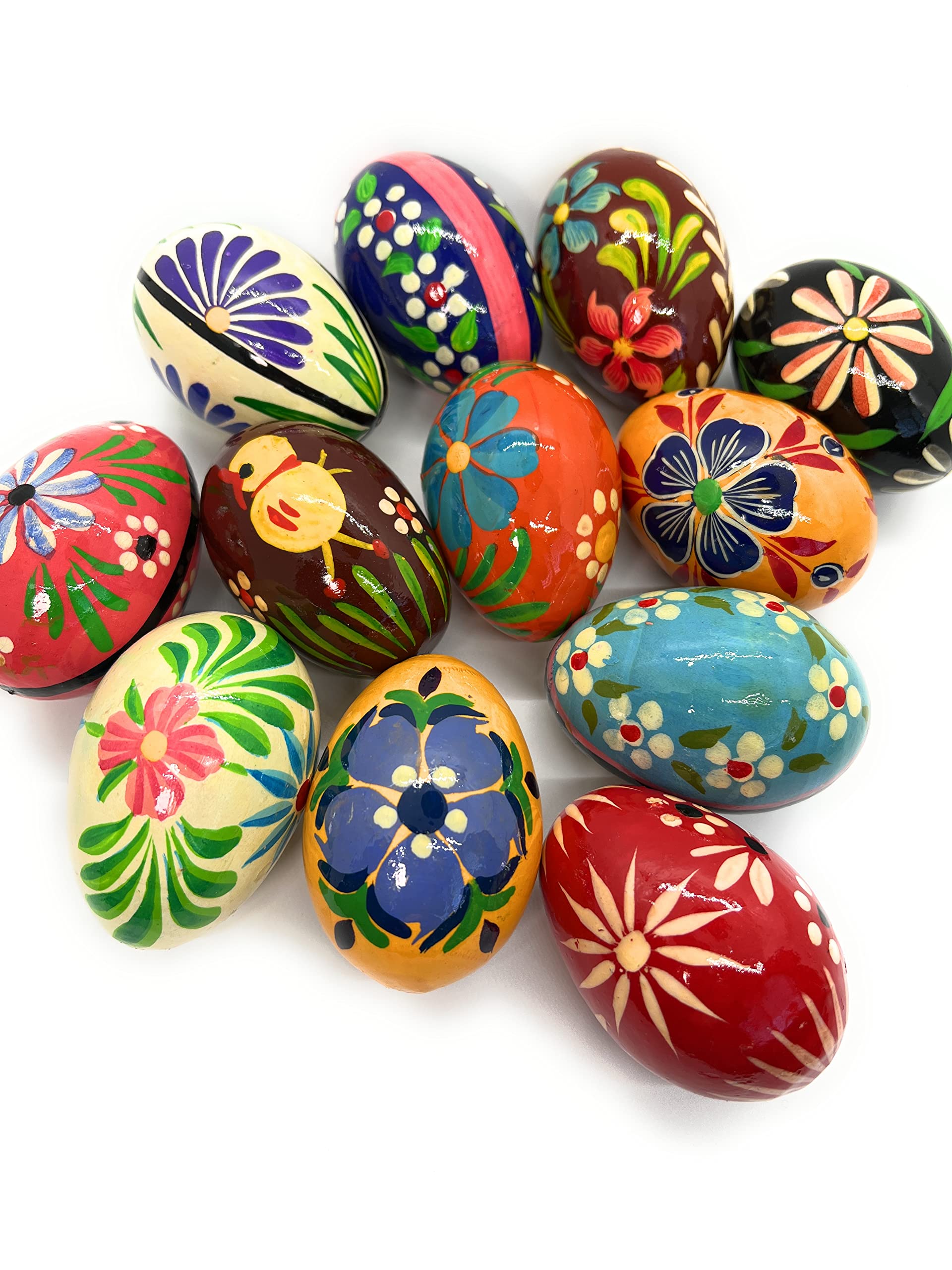 Hand Painted Wooden Easter Eggs - Set of 12 Floral Decorated 2.5 Inch Pisanki Style Eggs - Eco Friendly Lightweight Wood Eggs for Easter Basket, Home Decor, Spring Centerpiece and Holiday Gift Giving