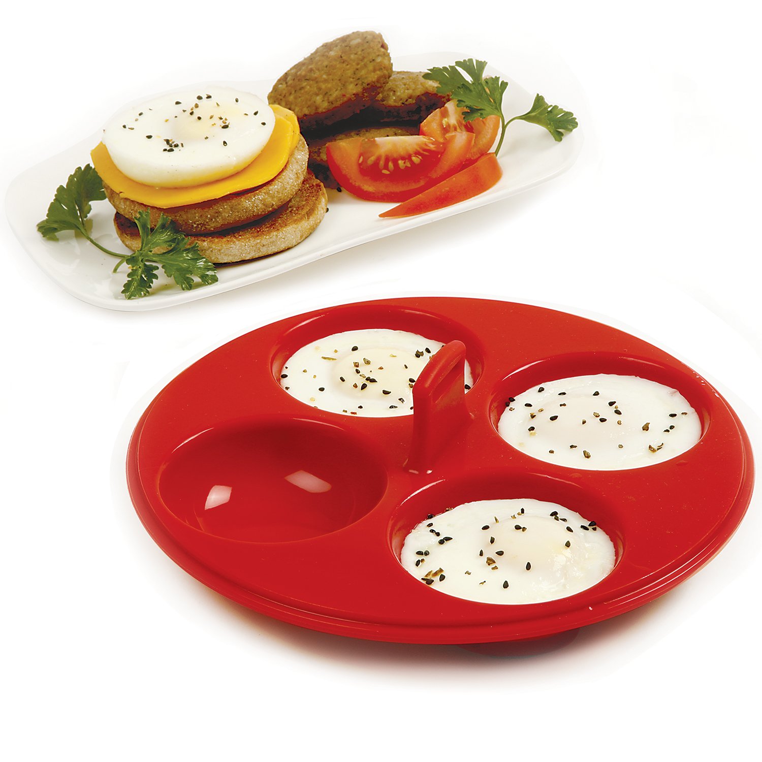 Norpro Silicone 4 Egg Poacher - Red Non-Stick Egg Cooker for Perfect Poached Eggs | Ideal for Breakfast, Brunch & Healthy Cooking