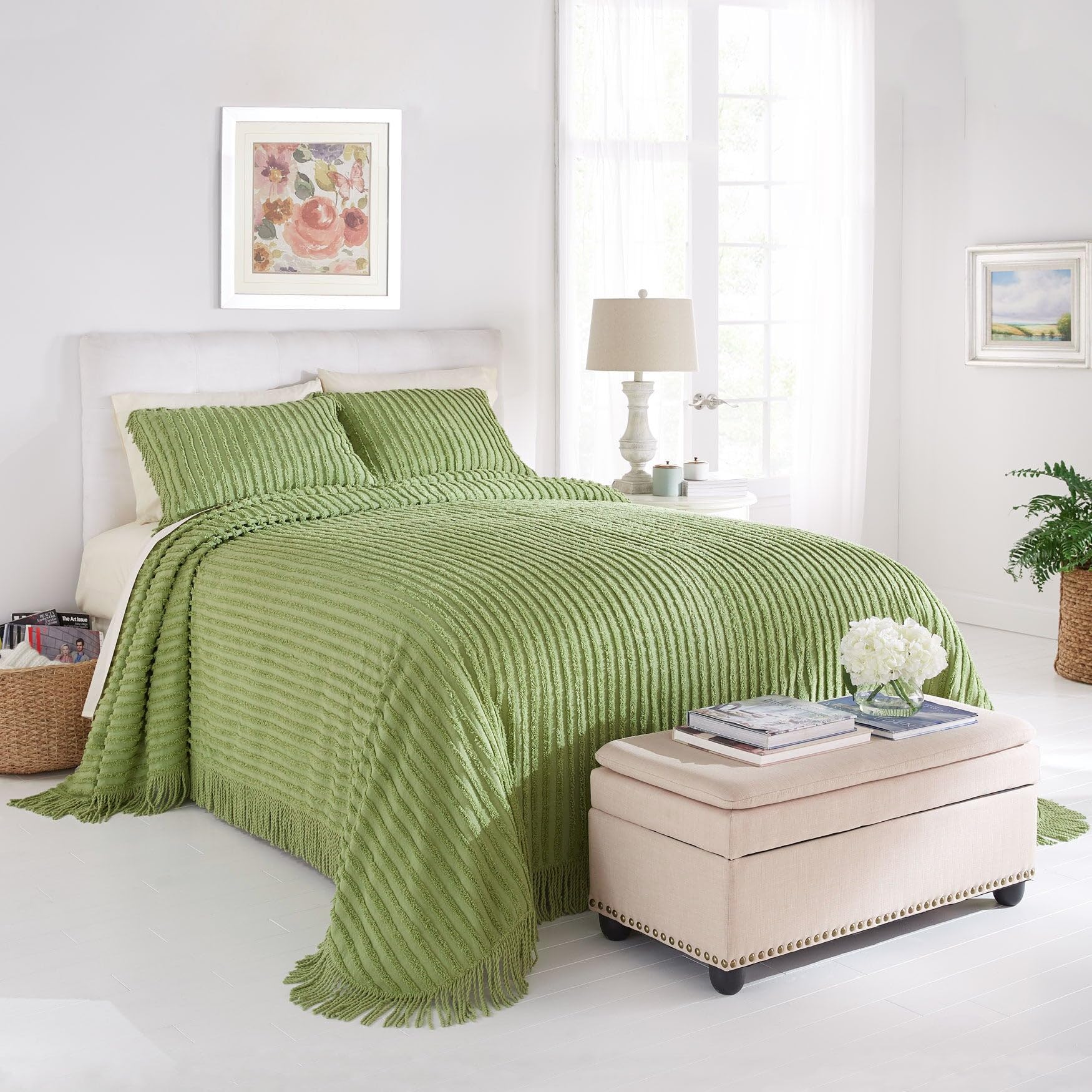 BrylaneHome Oversized Extra Wide Cotton Chenille Bedspread with Fringed Hems - Queen Size, Sage Green | Soft Luxury Bed Cover for Master Bedroom, Guest Room & Dorm Decor